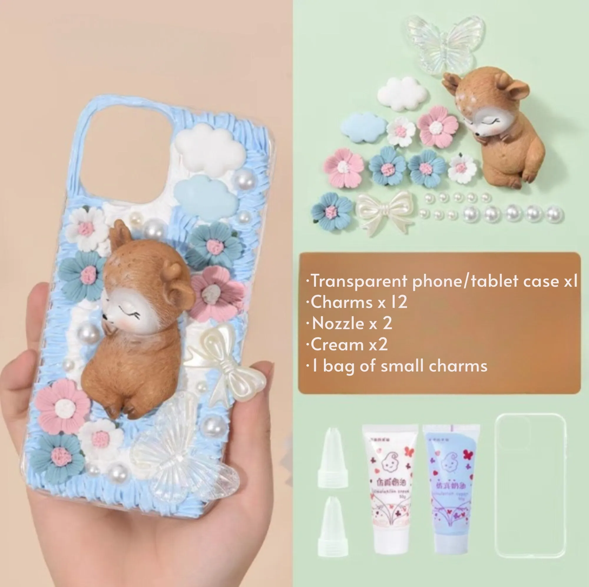 Decoden Custom Phone Case DIY Craft Kits | Kawaii Sleeping Sika Baby Deer Clouds Flowers Charms | Samsung Android iPhone Cases