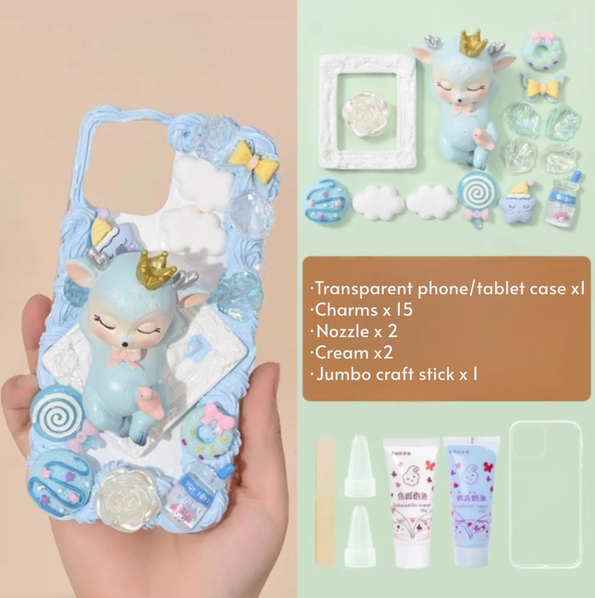 Decoden Custom Phone Case DIY Craft Kits | Kawaii Sleeping Sika Baby Deer Clouds Flowers Charms | Samsung Android iPhone Cases