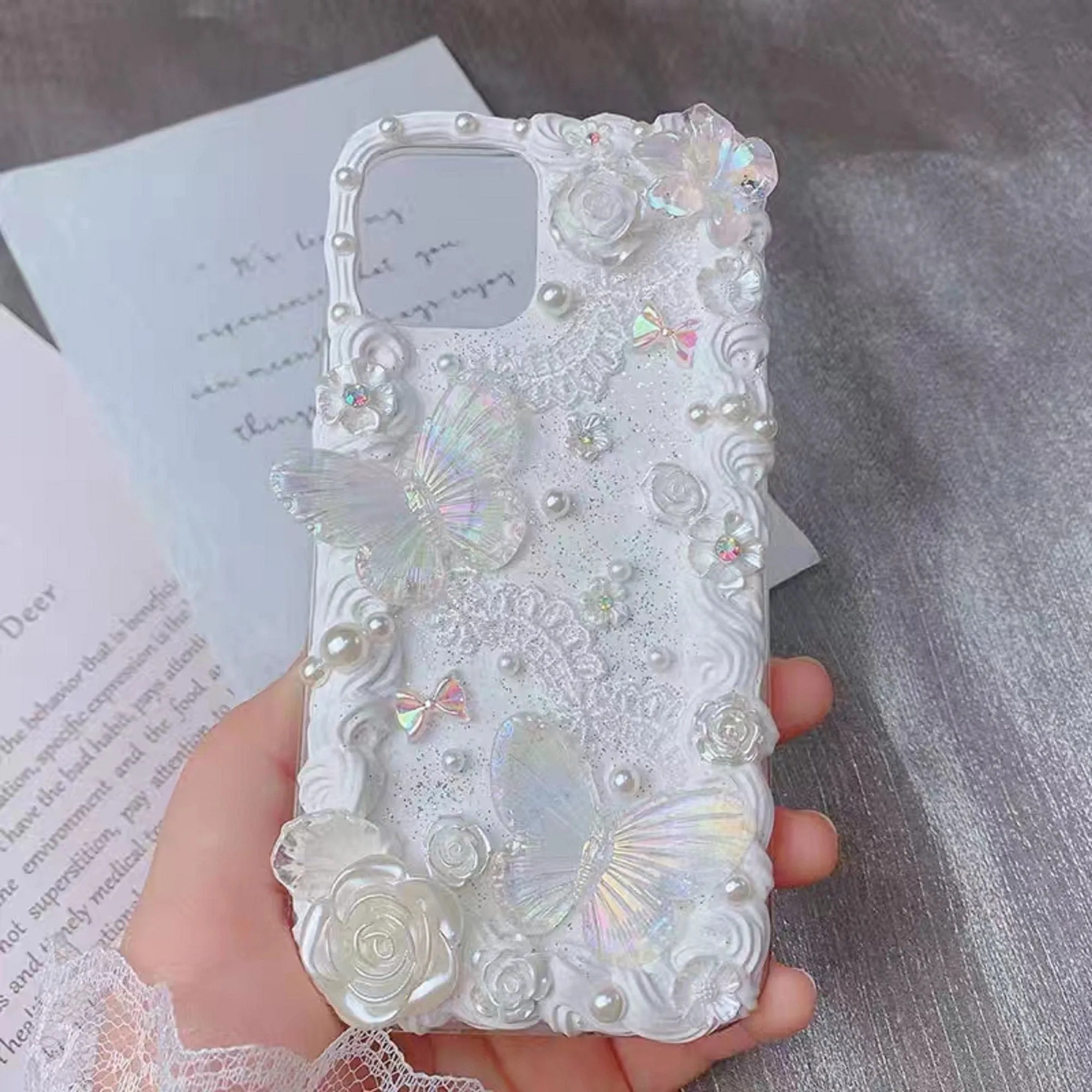 Decoden Custom Phone Case DIY Craft Kits | Lace Iridescent Butterflies Flowers Pearls Charms | Samsung Android iPhone Cases