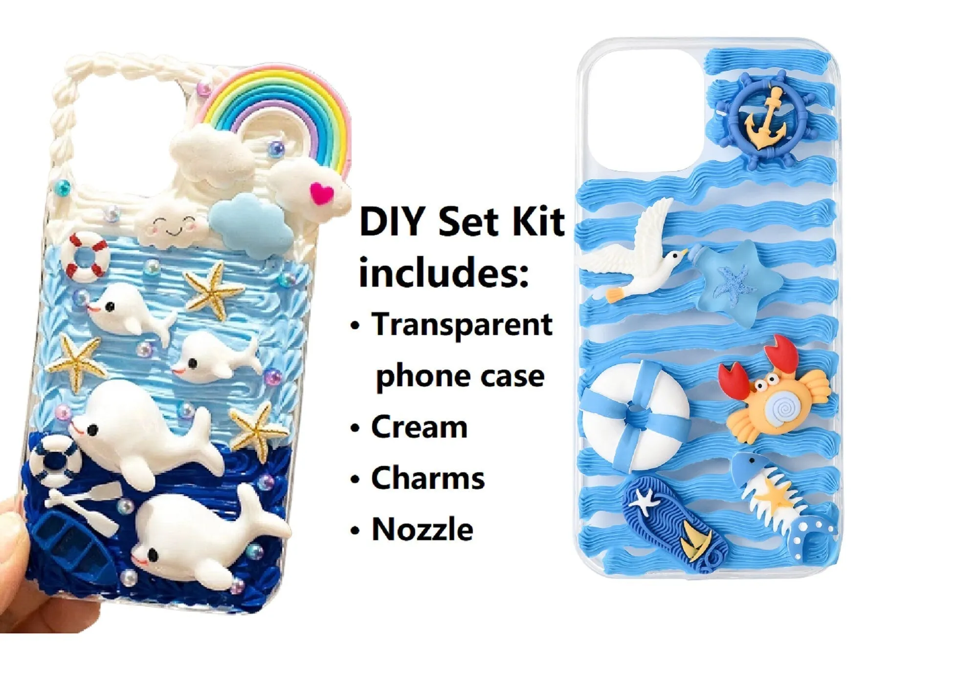Decoden Custom Phone Case DIY Craft Kits | Ocean Sea Dolphin Starfish Crab Fish Clouds Rainbow Boat Charms | Samsung Android iPhone Cases