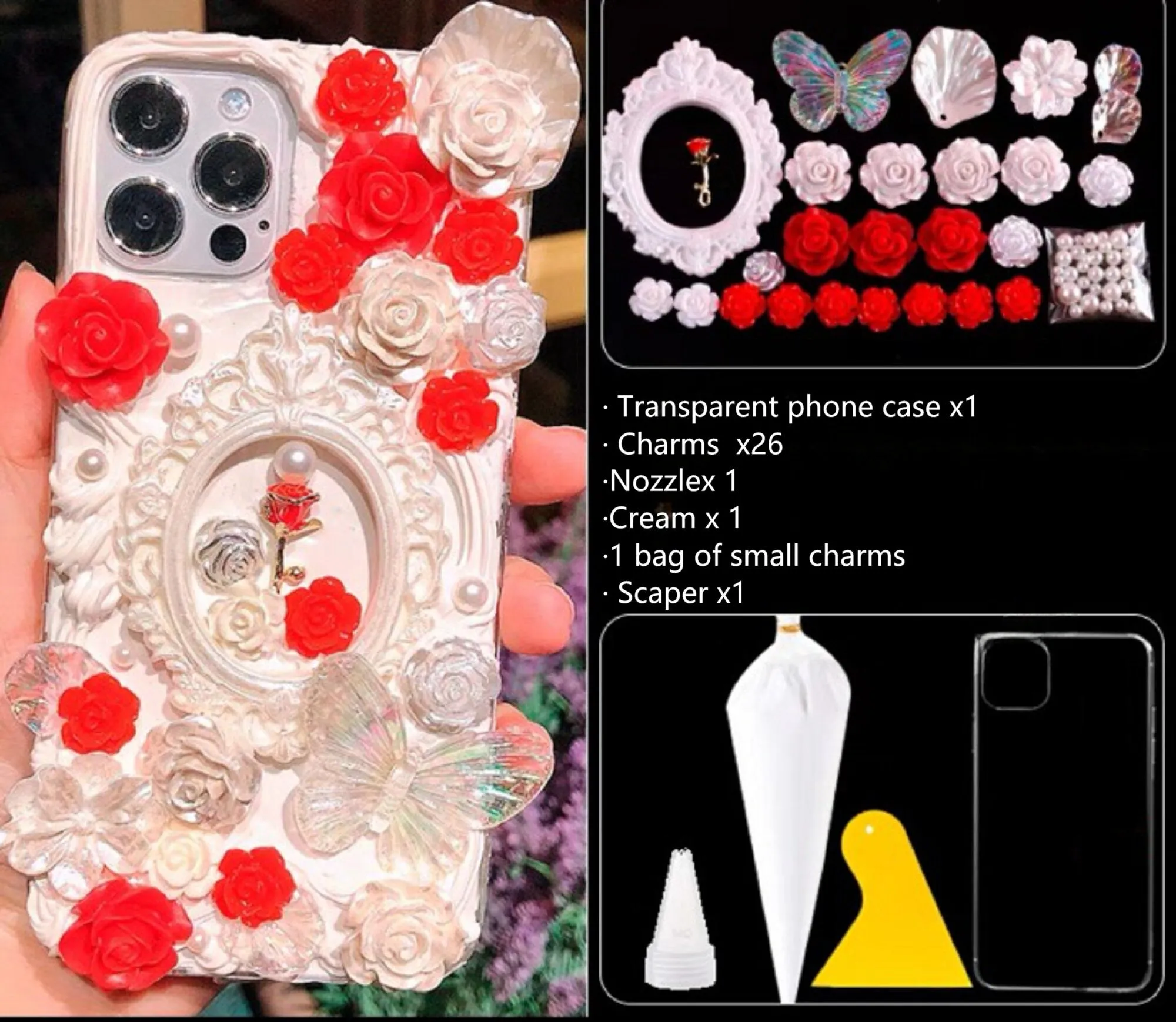 Decoden Custom Phone Case DIY Craft Kits | Ornate Frame Gold Rose Pink Bow Butterflies Roses Charms | Samsung Android iPhone Cases