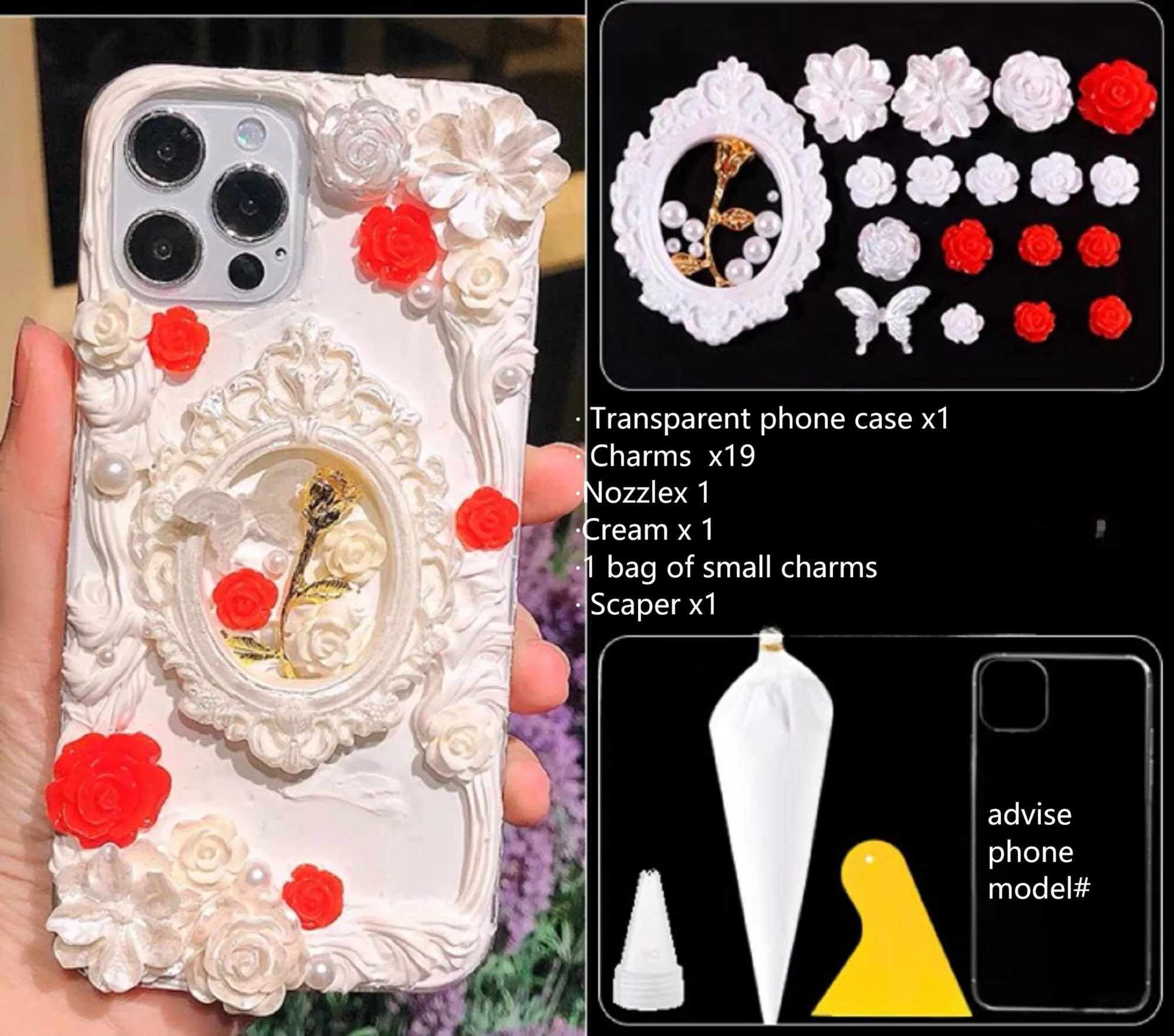 Decoden Custom Phone Case DIY Craft Kits | Ornate Frame Gold Rose Pink Bow Butterflies Roses Charms | Samsung Android iPhone Cases