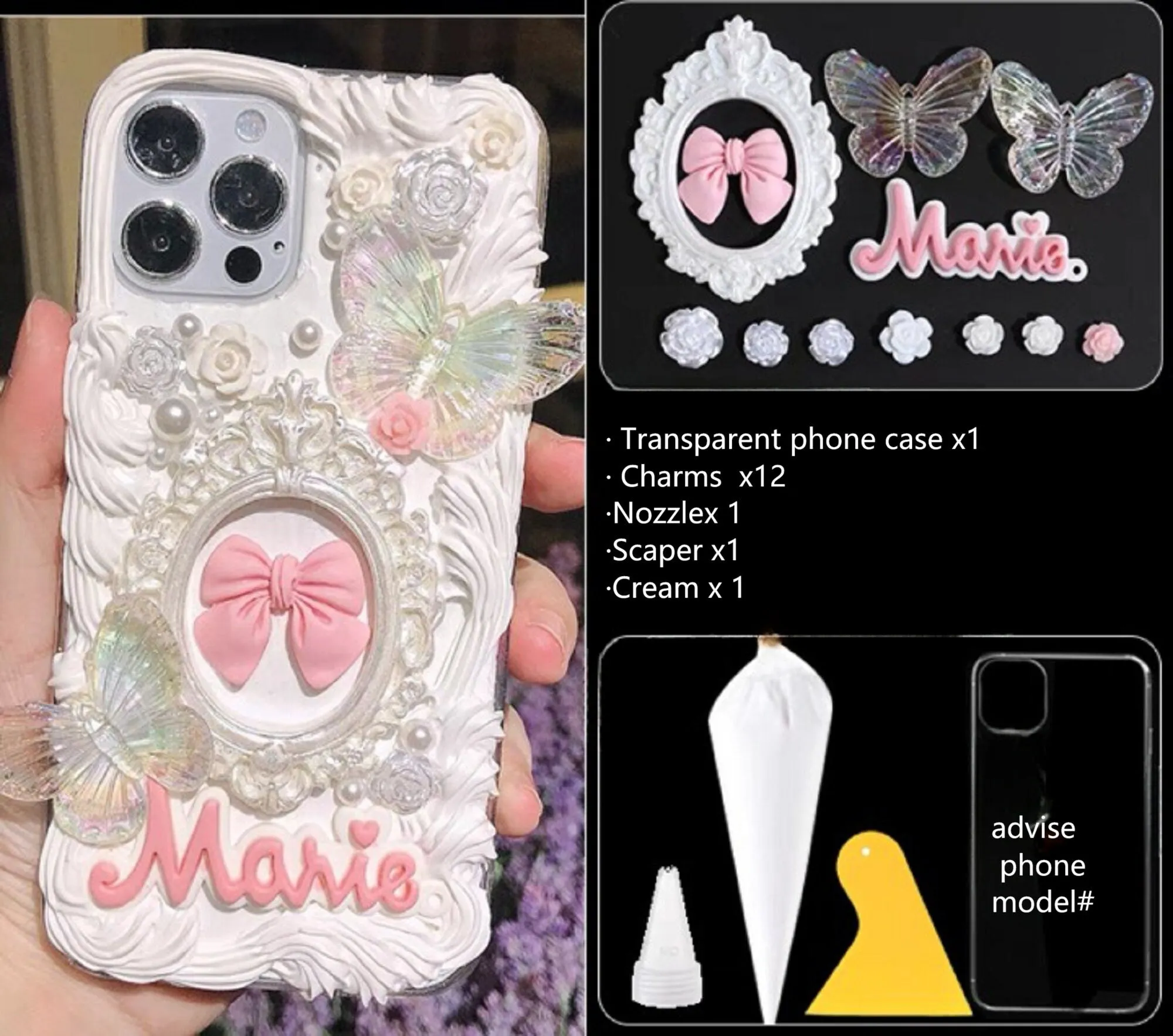 Decoden Custom Phone Case DIY Craft Kits | Ornate Frame Gold Rose Pink Bow Butterflies Roses Charms | Samsung Android iPhone Cases