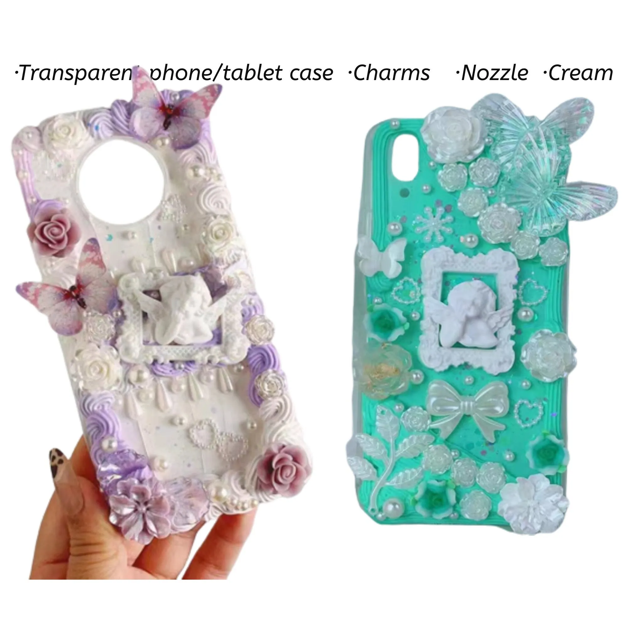 Decoden Custom Phone Case DIY Craft Kits | Pink Purple White Butterflies Flowers Frame Angel Charms | Samsung Android iPhone Cases