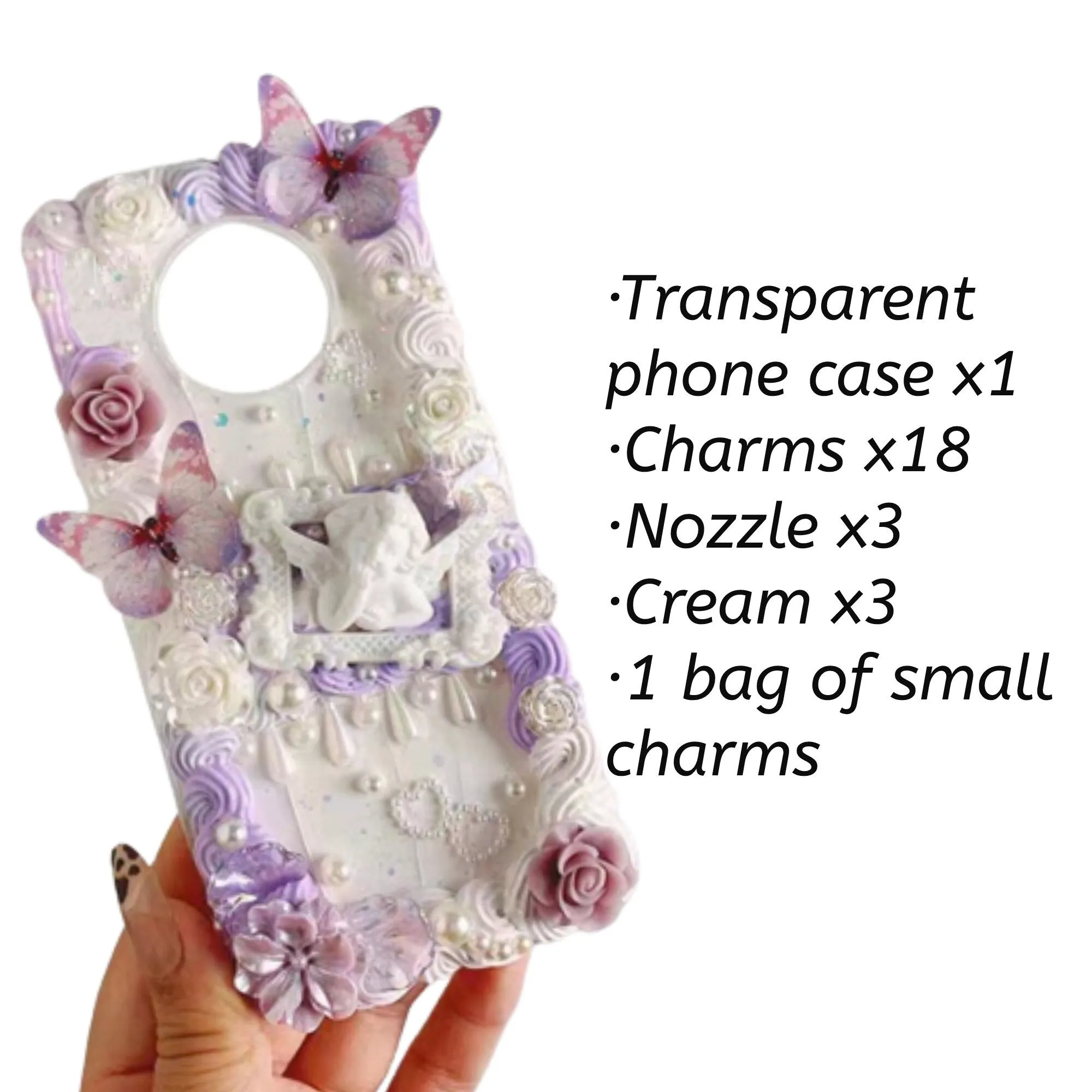 Decoden Custom Phone Case DIY Craft Kits | Pink Purple White Butterflies Flowers Frame Angel Charms | Samsung Android iPhone Cases
