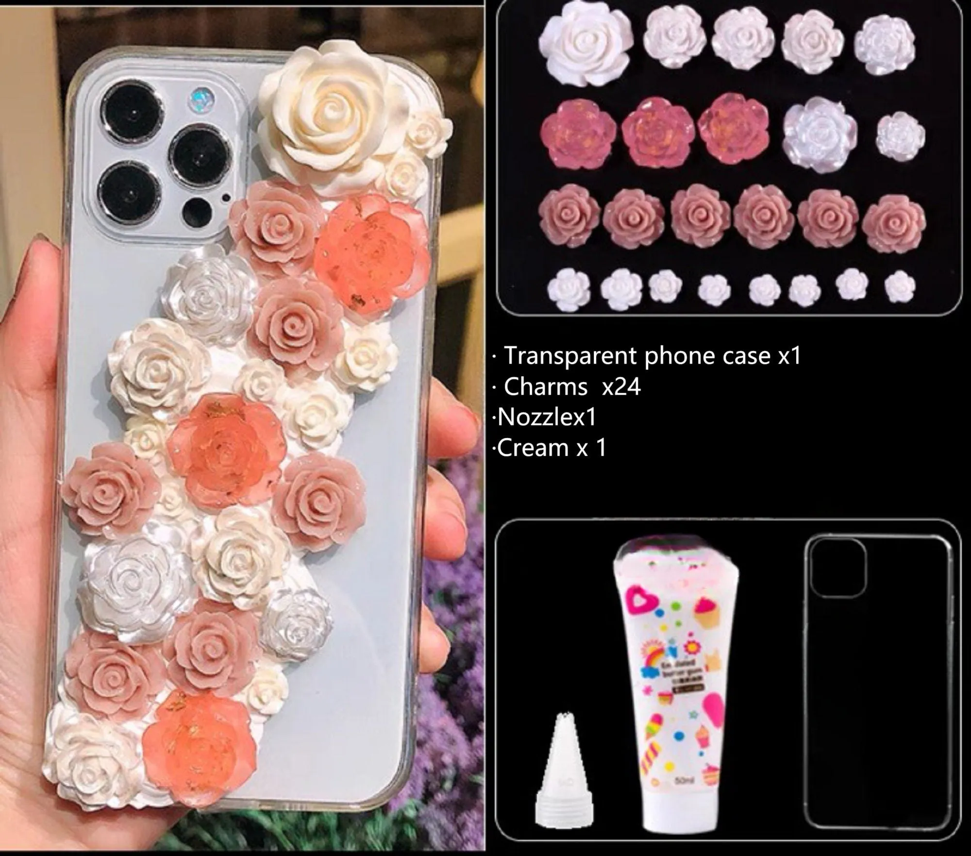 Decoden Custom Phone Case DIY Craft Kits | Pink White Peach Black Gray Roses Butterflies Charms | Samsung Android iPhone Cases