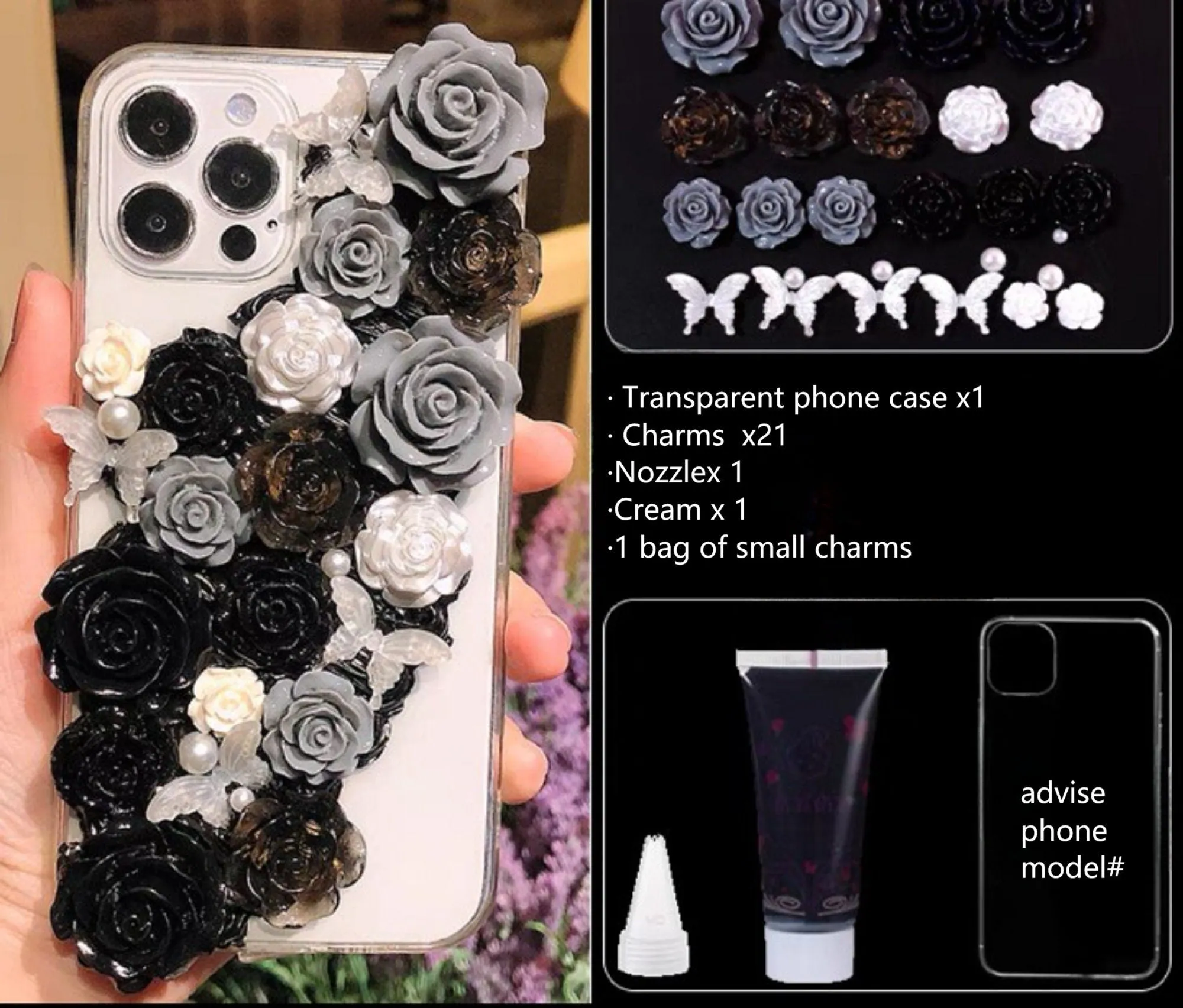 Decoden Custom Phone Case DIY Craft Kits | Pink White Peach Black Gray Roses Butterflies Charms | Samsung Android iPhone Cases