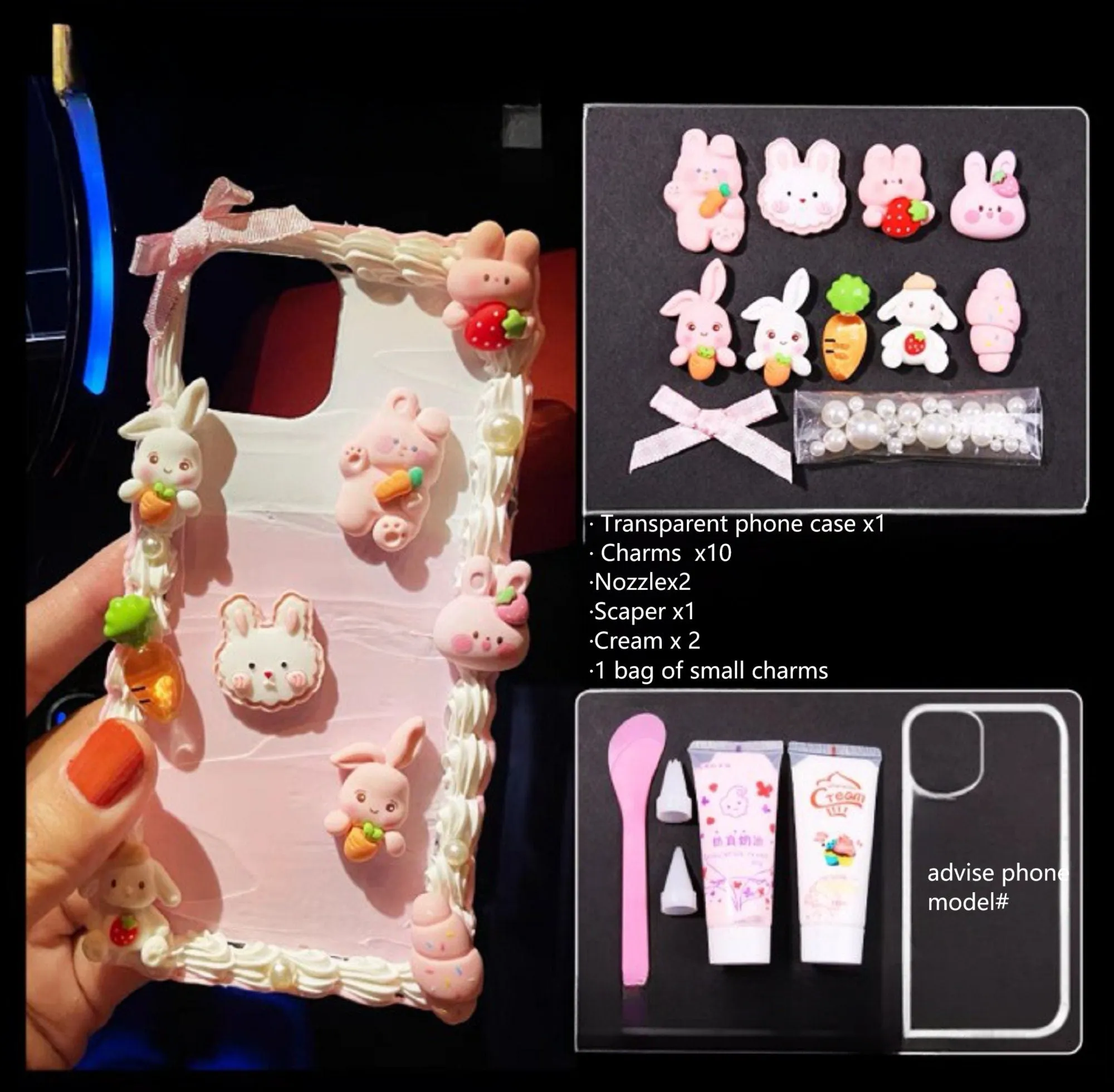 Decoden Custom Phone Case DIY Craft Kits | Rabbits Strawberries Carrots Bow Ribbons Pearls Charms | Samsung Android iPhone Cases