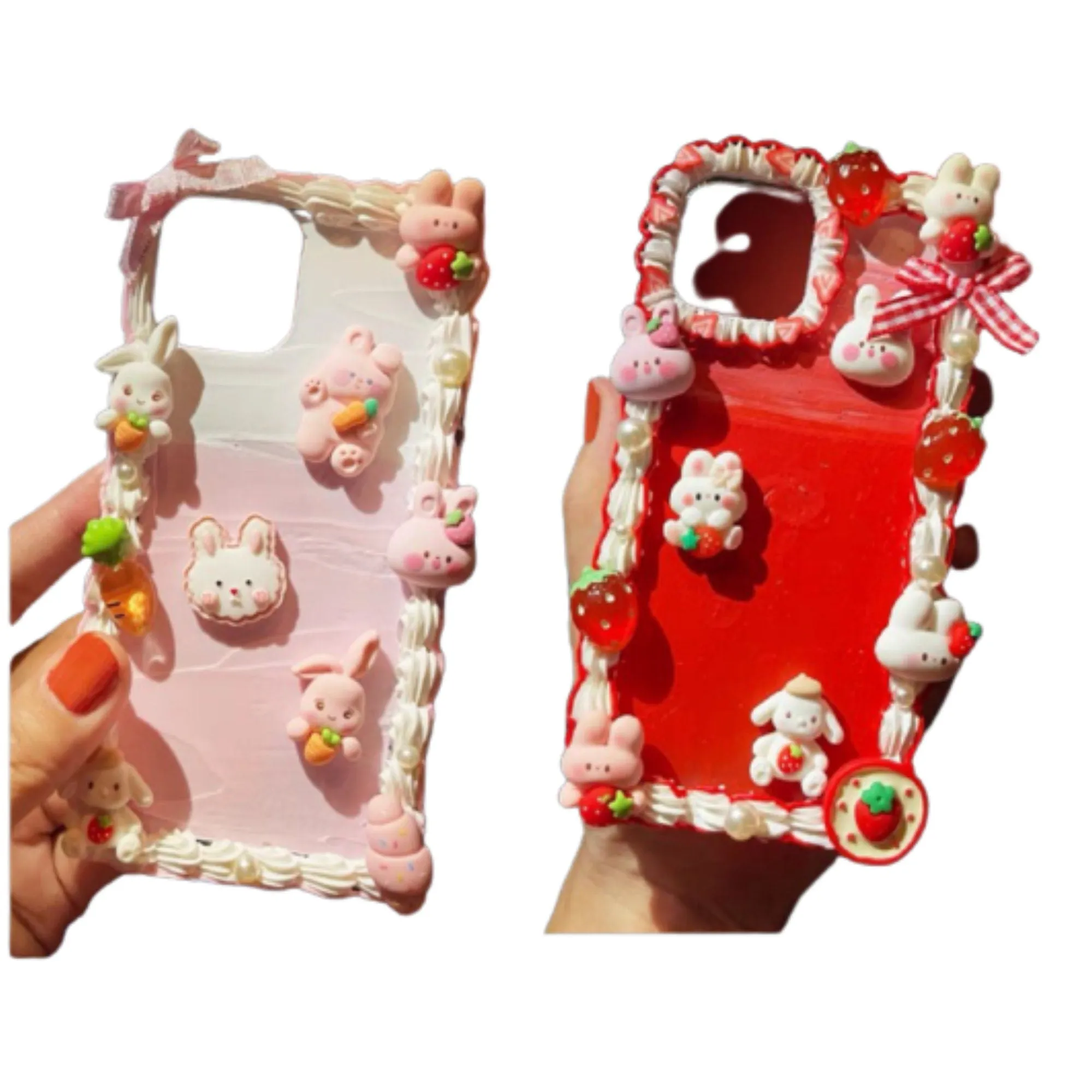 Decoden Custom Phone Case DIY Craft Kits | Rabbits Strawberries Carrots Bow Ribbons Pearls Charms | Samsung Android iPhone Cases