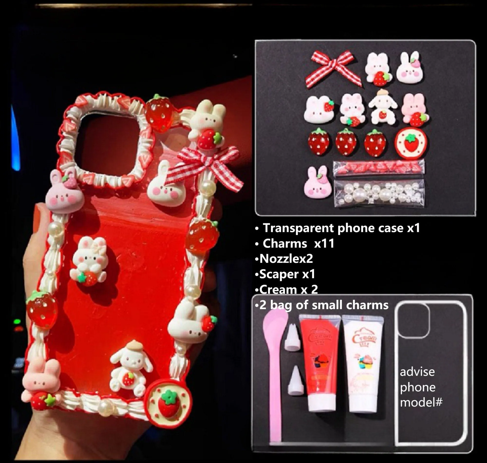 Decoden Custom Phone Case DIY Craft Kits | Rabbits Strawberries Carrots Bow Ribbons Pearls Charms | Samsung Android iPhone Cases