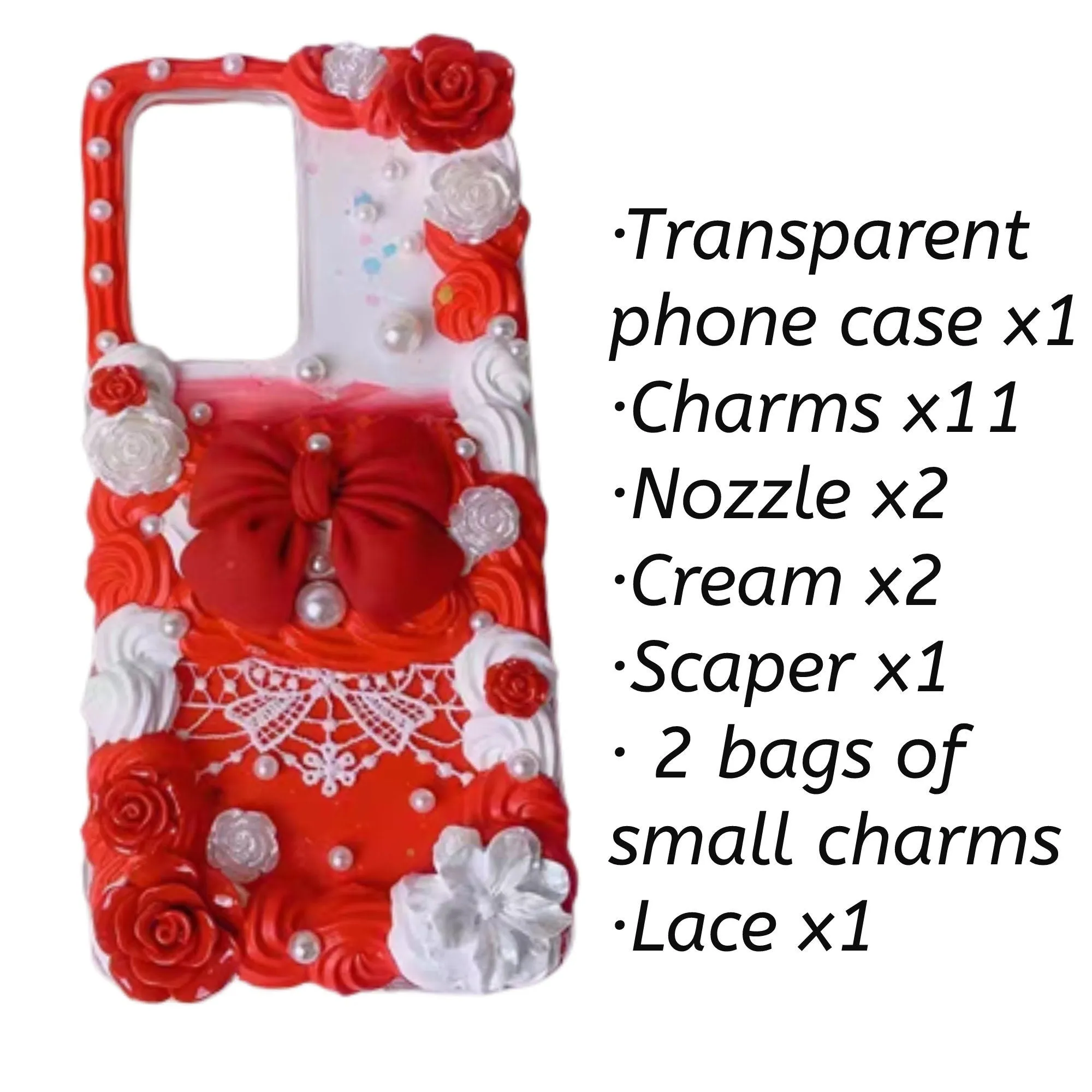 Decoden Custom Phone Case DIY Craft Kits | Red Black Big Bows Lace Flowers Pearls Charms | Samsung Android iPhone Cases