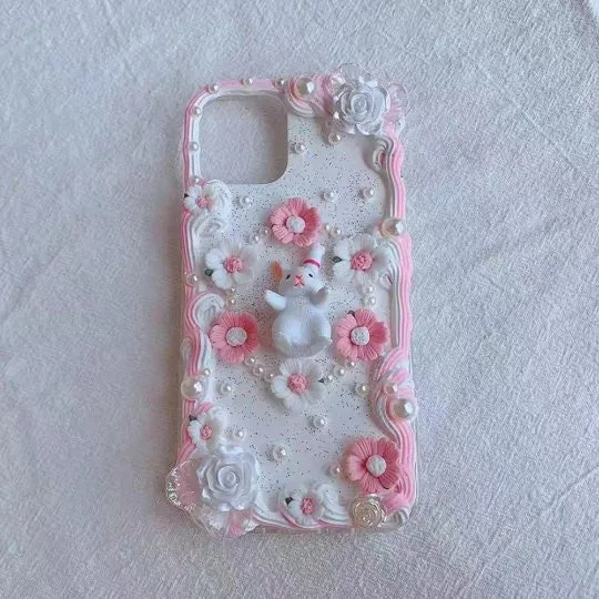 Decoden Custom Phone Case DIY Craft Kits | Sakura Flowers Daisies Rabbit Pearls Charms | Samsung Android iPhone Cases