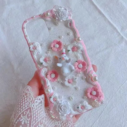 Decoden Custom Phone Case DIY Craft Kits | Sakura Flowers Daisies Rabbit Pearls Charms | Samsung Android iPhone Cases