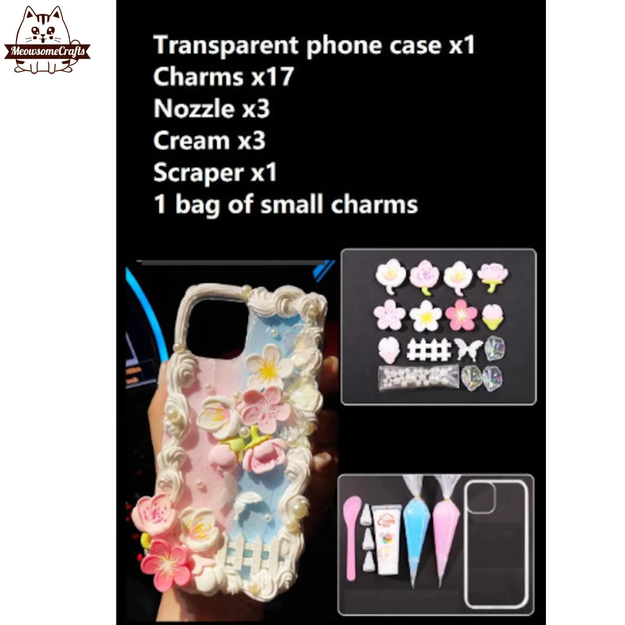 Decoden Custom Phone Case DIY Craft Kits | Sakura Flowers Pearls Teardrop Pearls Charms | Samsung Android iPhone Cases