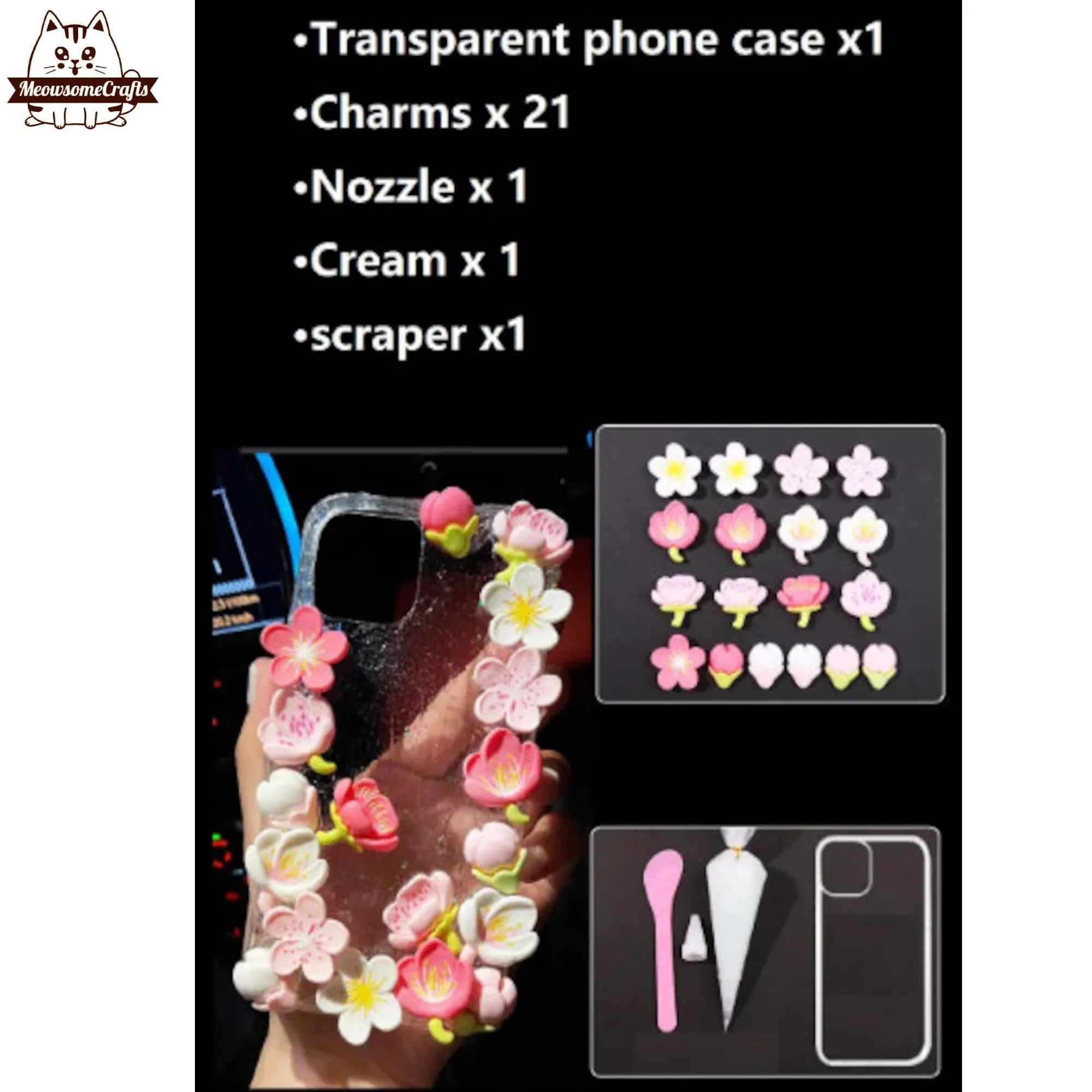 Decoden Custom Phone Case DIY Craft Kits | Sakura Flowers Pearls Teardrop Pearls Charms | Samsung Android iPhone Cases