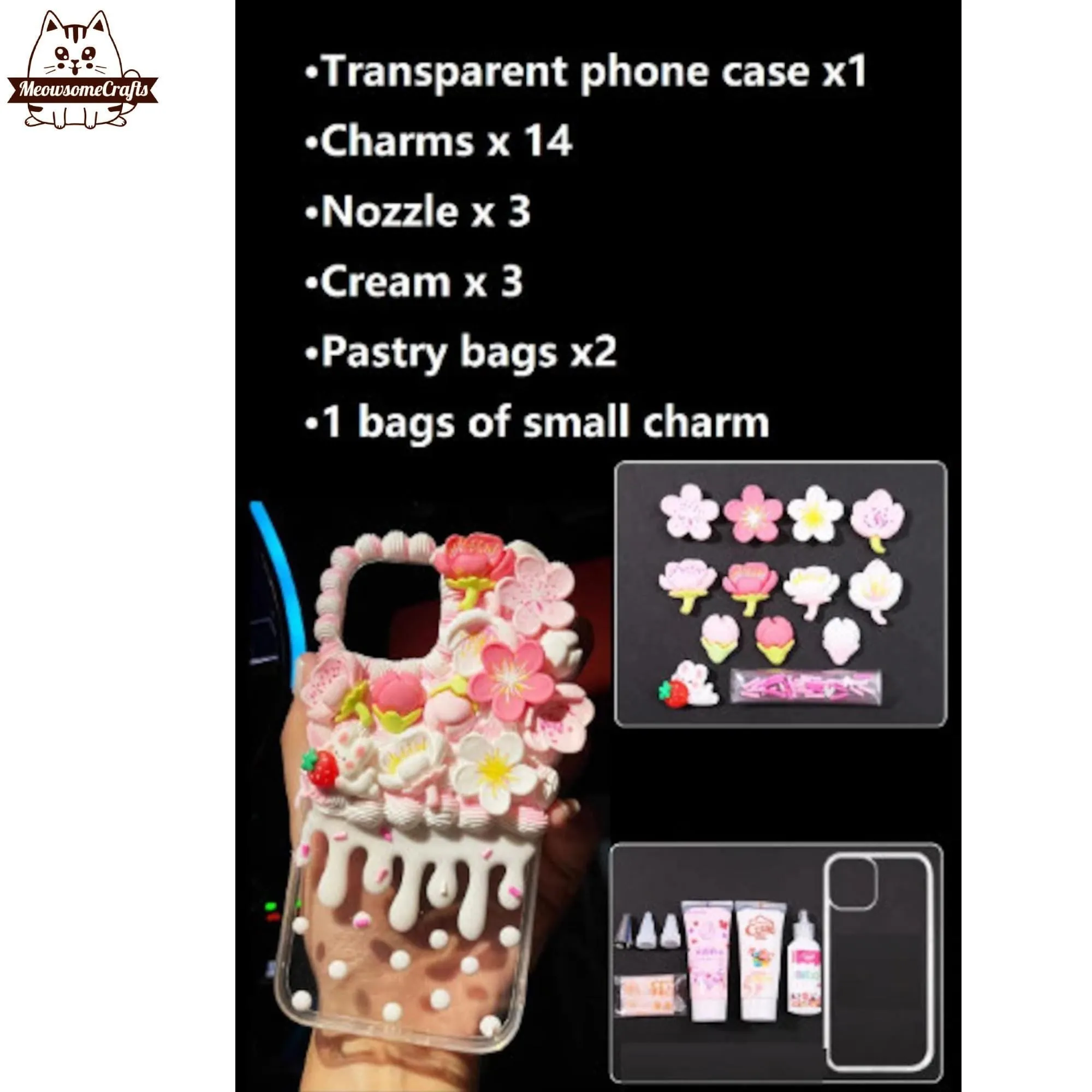 Decoden Custom Phone Case DIY Craft Kits | Sakura Flowers Pearls Teardrop Pearls Charms | Samsung Android iPhone Cases