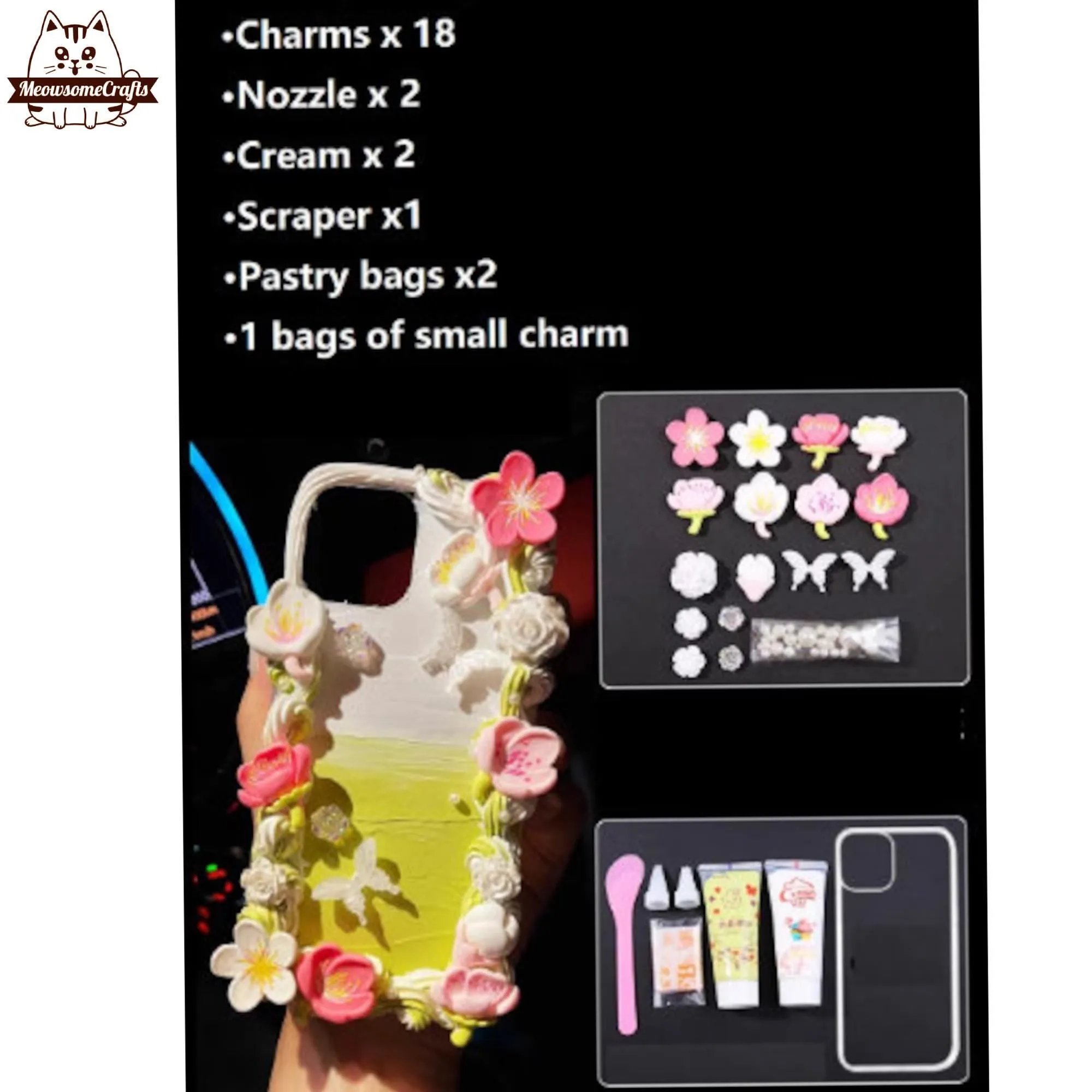 Decoden Custom Phone Case DIY Craft Kits | Sakura Flowers Pearls Teardrop Pearls Charms | Samsung Android iPhone Cases