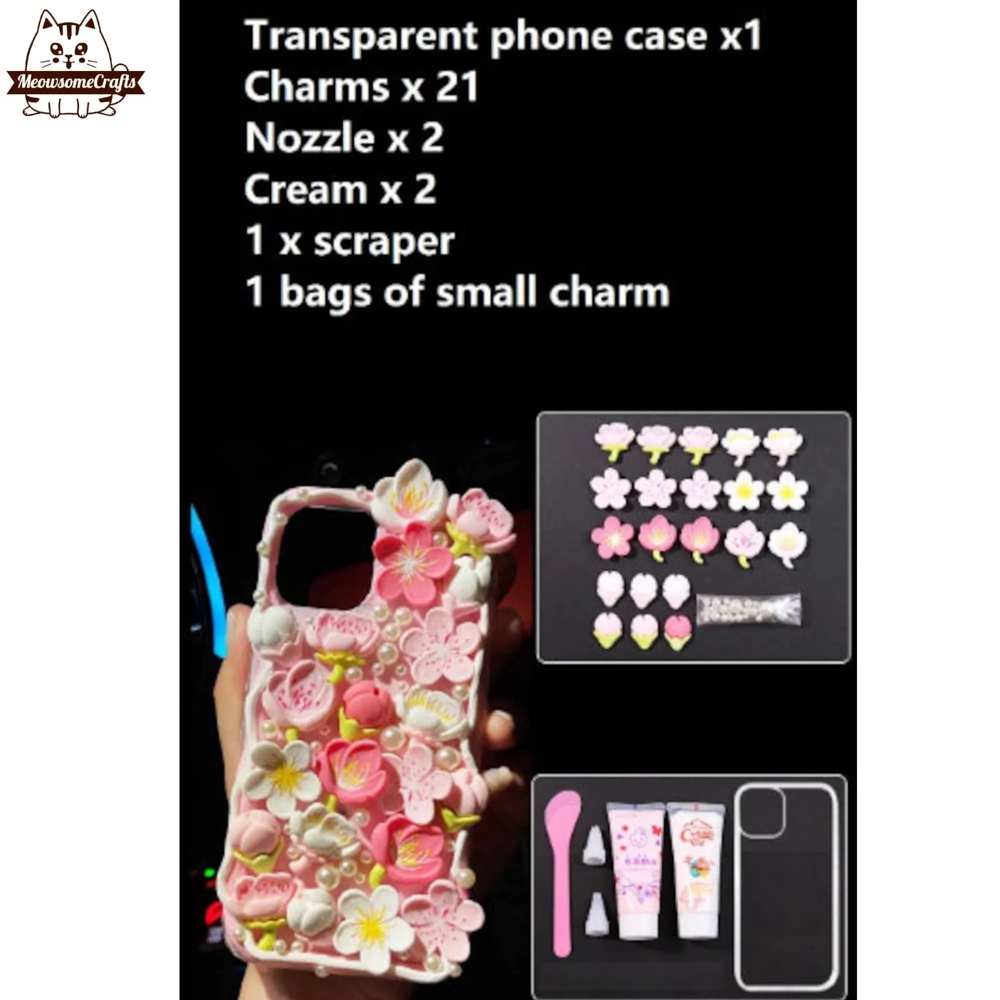 Decoden Custom Phone Case DIY Craft Kits | Sakura Flowers Pearls Teardrop Pearls Charms | Samsung Android iPhone Cases