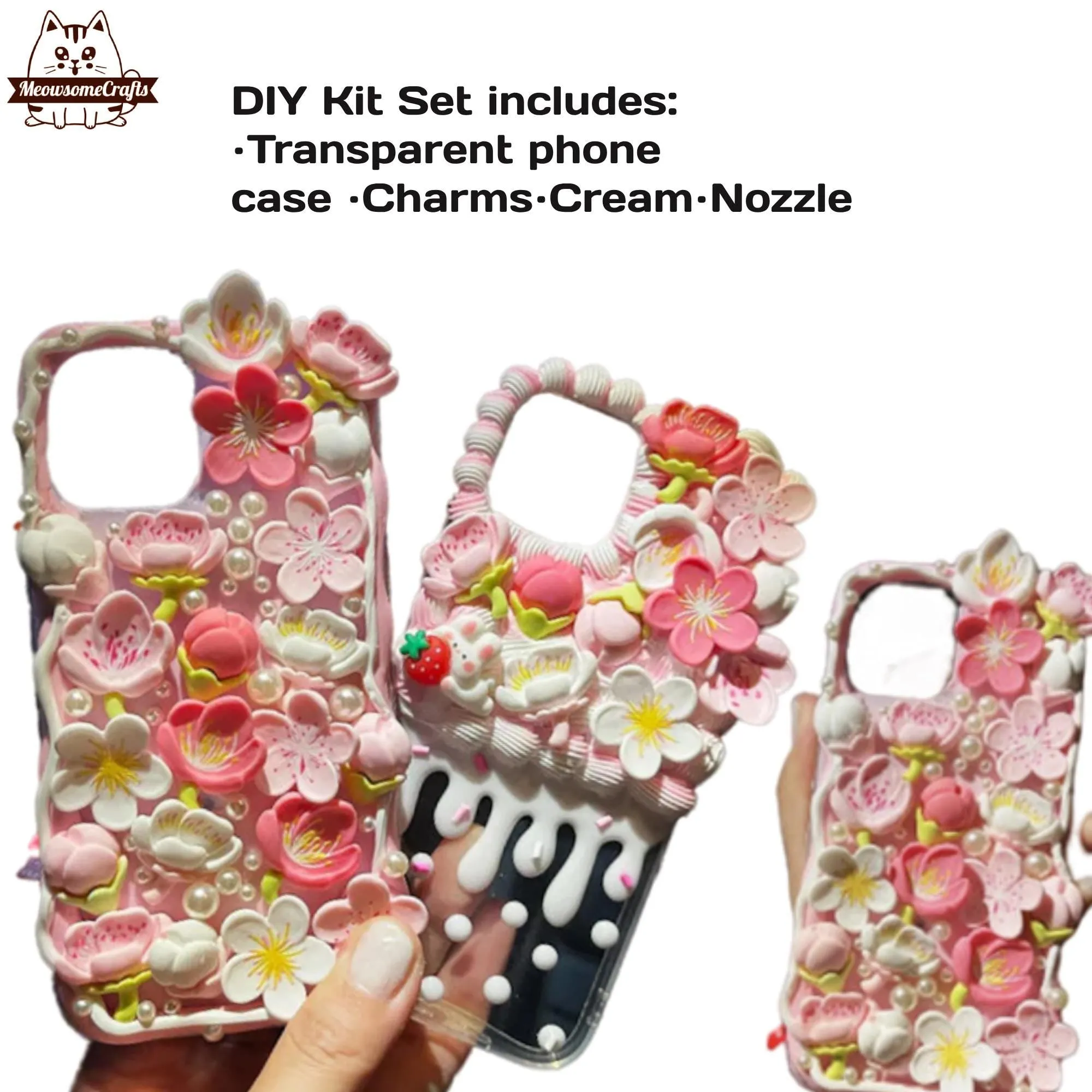 Decoden Custom Phone Case DIY Craft Kits | Sakura Flowers Pearls Teardrop Pearls Charms | Samsung Android iPhone Cases