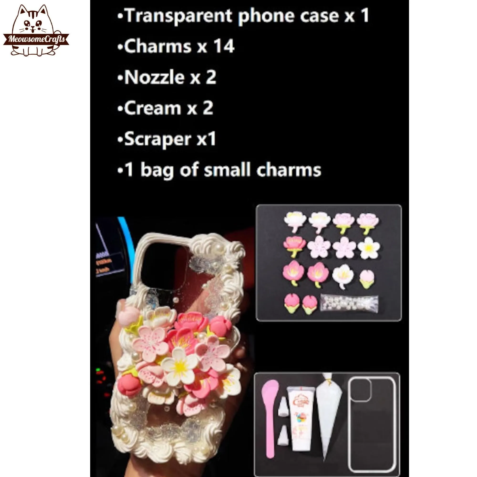 Decoden Custom Phone Case DIY Craft Kits | Sakura Flowers Pearls Teardrop Pearls Charms | Samsung Android iPhone Cases