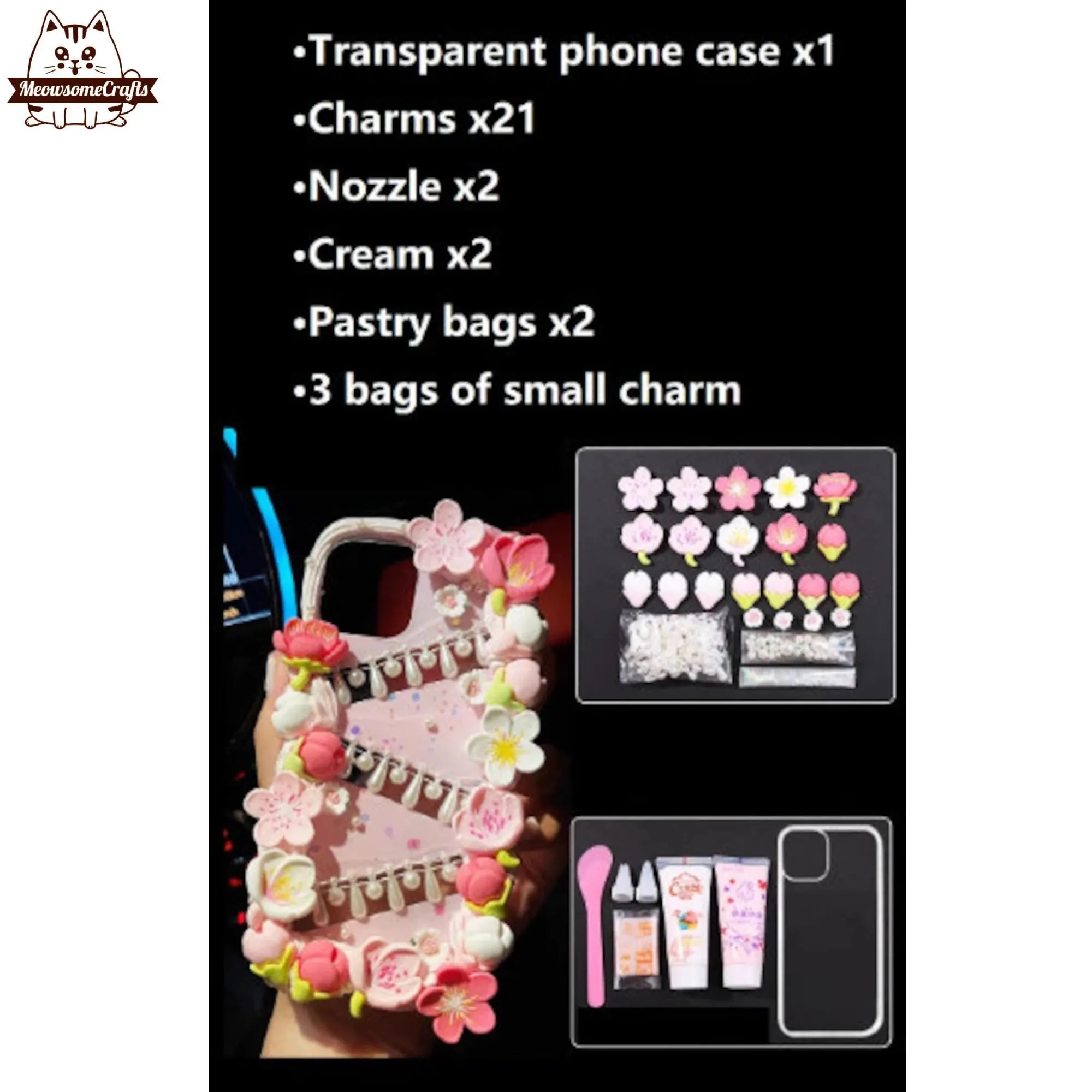 Decoden Custom Phone Case DIY Craft Kits | Sakura Flowers Pearls Teardrop Pearls Charms | Samsung Android iPhone Cases