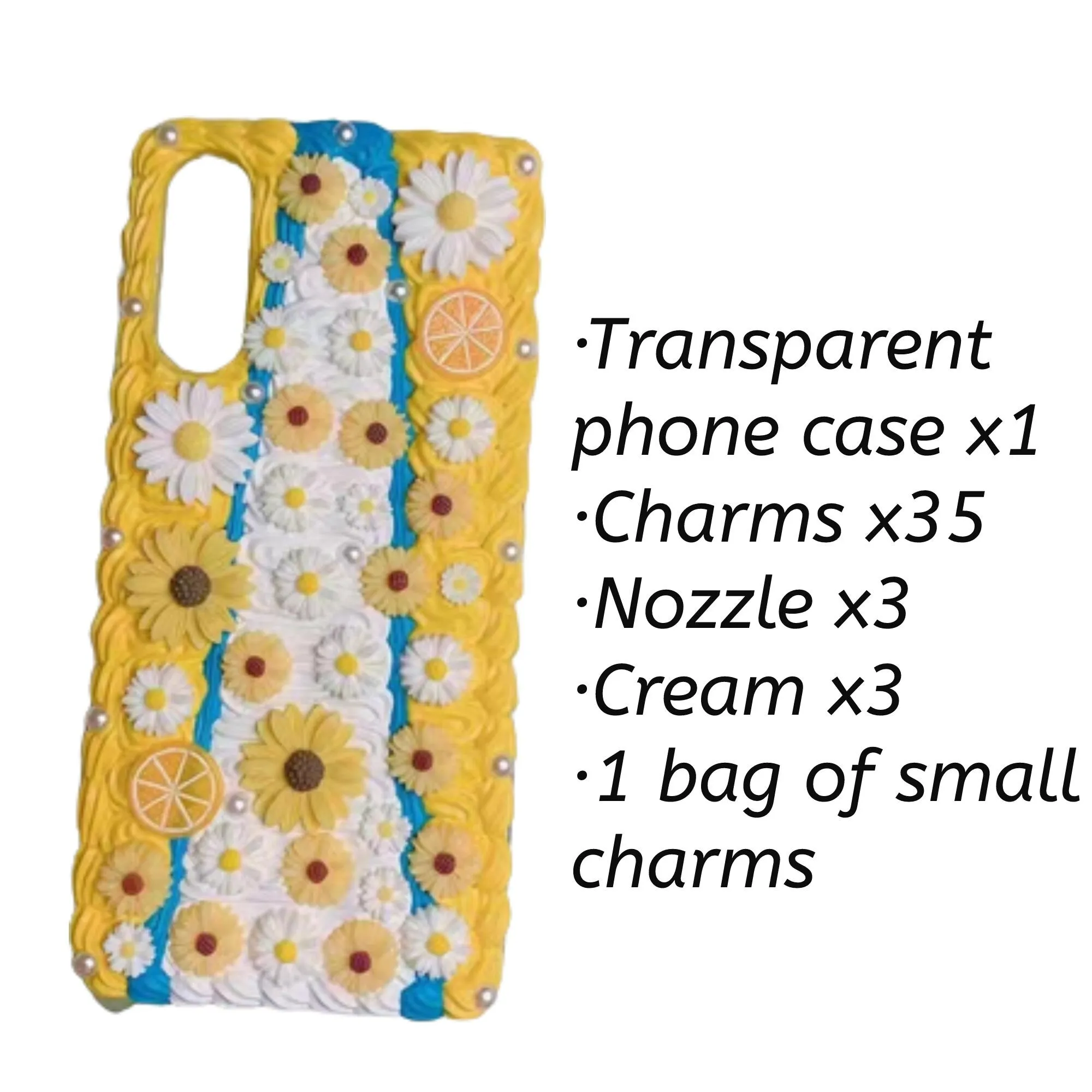 Decoden Custom Phone Case DIY Craft Kits | White Yellow Flowers Daises Orange Slices Pearls Charms | Samsung Android iPhone Cases