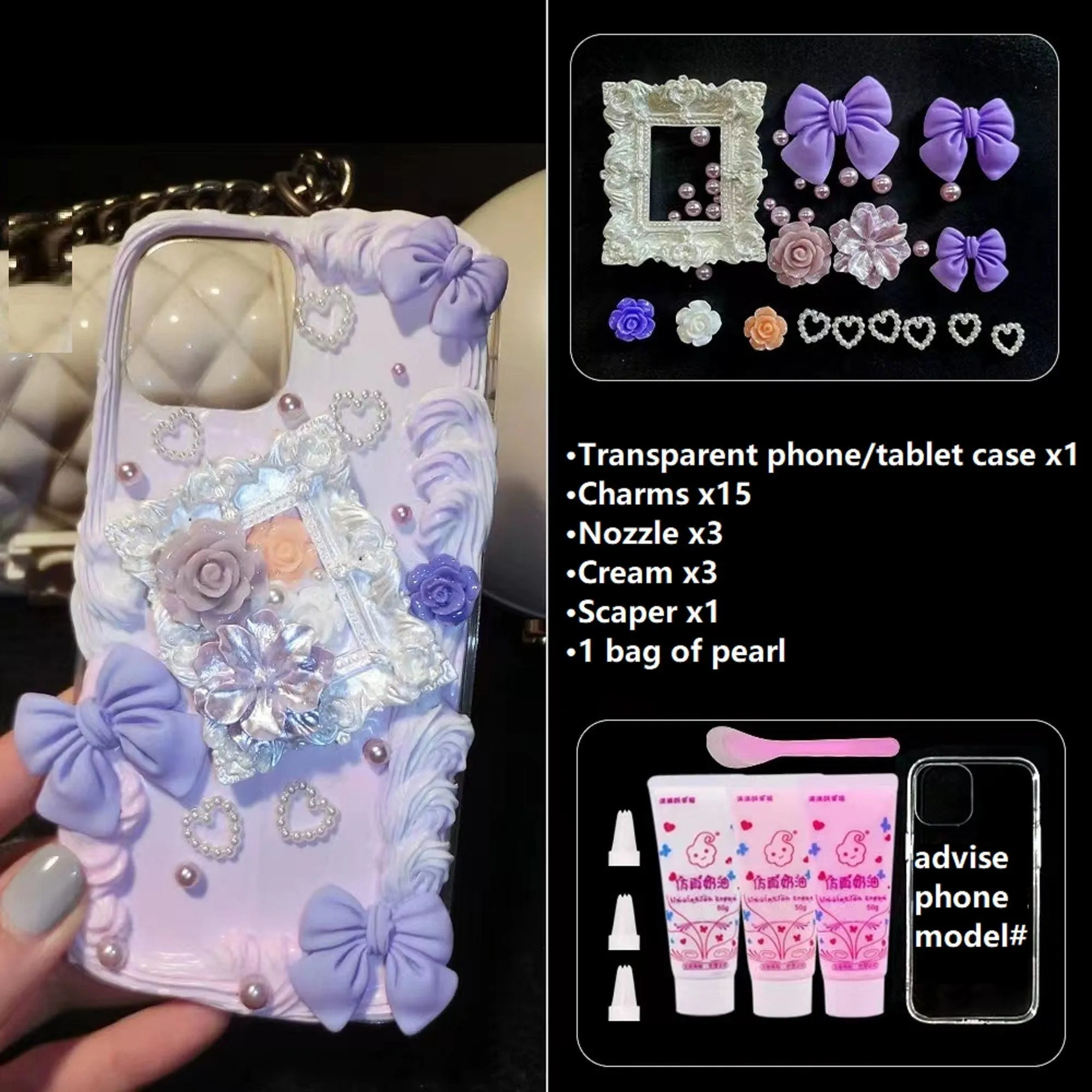 Decoden Phone Case DIY Craft Kits | Iridescent Flowers Bows Stringed Pearls Frames Charms | Samsung Android iPhone Cases