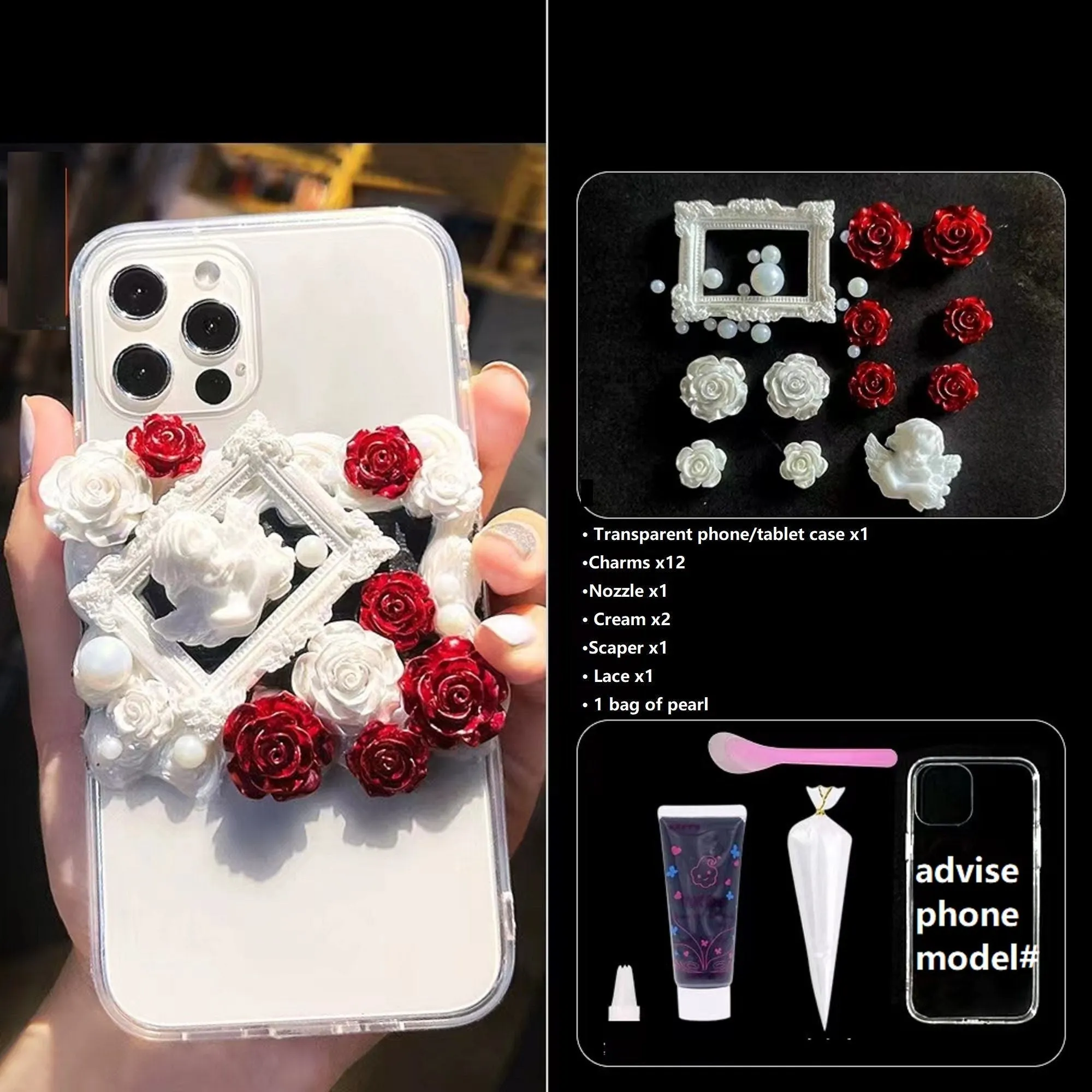 Decoden Phone Case DIY Craft Kits | Iridescent Flowers Bows Stringed Pearls Frames Charms | Samsung Android iPhone Cases