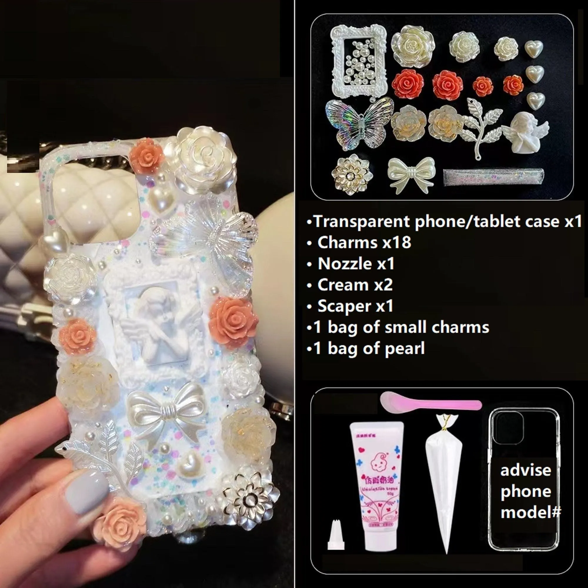 Decoden Phone Case DIY Craft Kits | Iridescent Flowers Bows Stringed Pearls Frames Charms | Samsung Android iPhone Cases