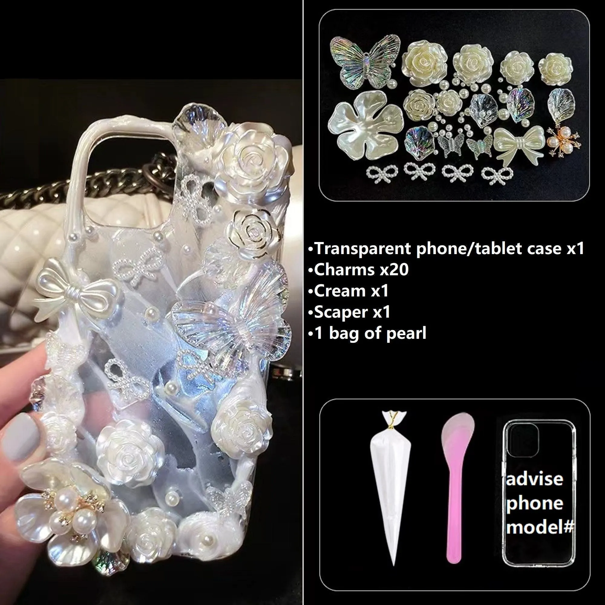 Decoden Phone Case DIY Craft Kits | Iridescent Flowers Bows Stringed Pearls Frames Charms | Samsung Android iPhone Cases