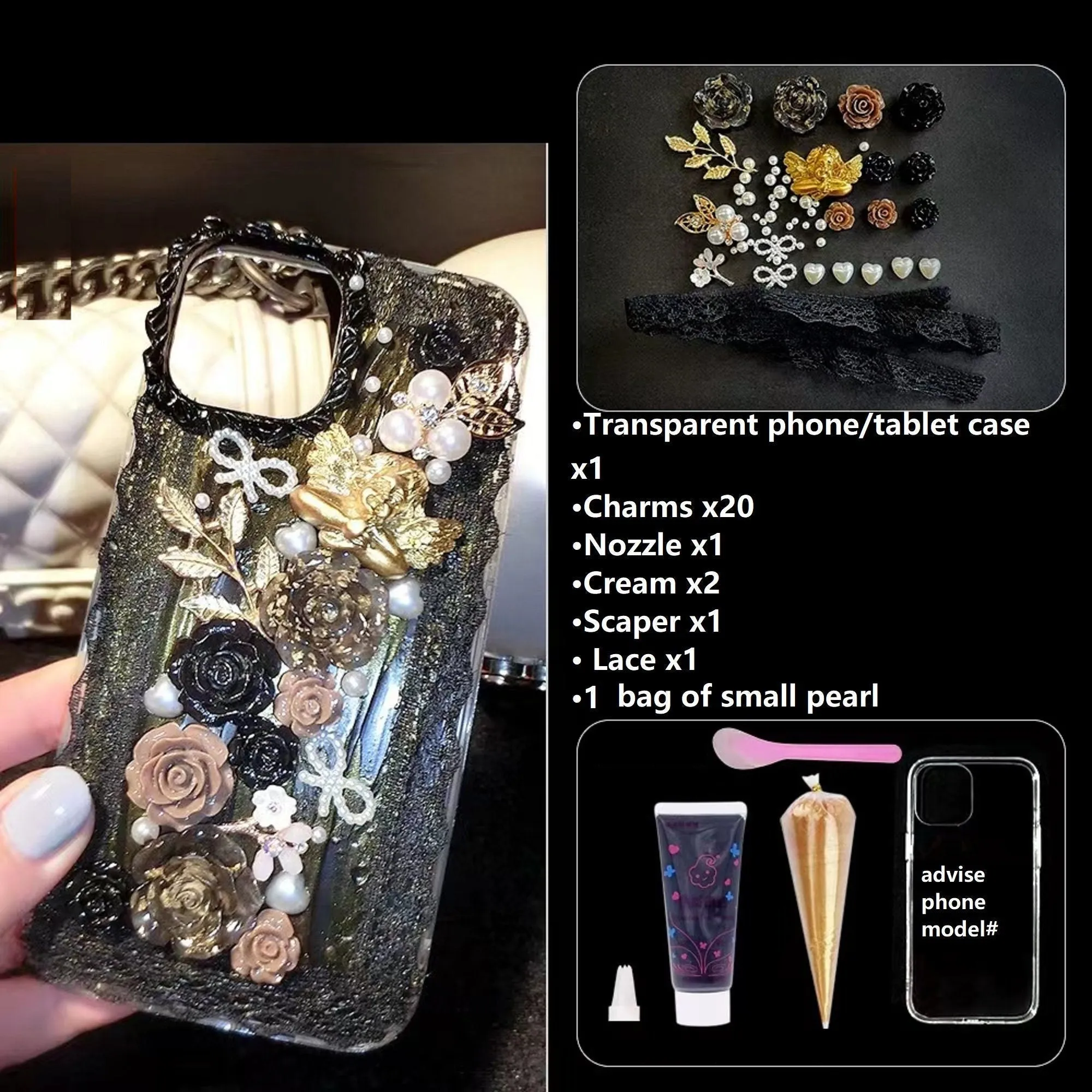 Decoden Phone Case DIY Craft Kits | Iridescent Flowers Bows Stringed Pearls Frames Charms | Samsung Android iPhone Cases