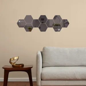 DecorWear 10 Hexagon Mirror Wall Stickers Black Mirror Stickers For Wall Stickers for Wall Size (10.5x12.1)Cm Acrylic Mirror Wall Decor Sticker, 3D Wall Mirror Stickers, Unframe Hexagonal Wall Sticker