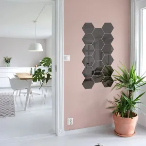 DecorWear 17 Hexagon Mirror Wall Stickers Black Mirror Stickers for Wall Stickers for Wall Size (10.5x12.1) Cm 3D Acrylic Mirror Wall Decor Sticker, Wall Mirror Stickers, Unframed Hexagonal Stickers