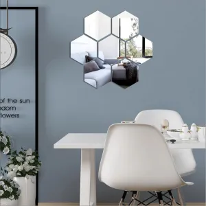 DecorWear 7 Hexagon Mirror Silver Plastic Wall Stickers for Wall Size (10.5x12.1) Cm Acrylic Mirror Wall Decor Sticker, Wall Mirror Stickers, Unframed Hexagonal Mirror Wall Sticker (7HexaSilver)