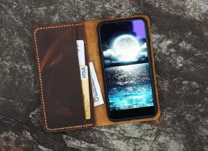 Distressed vintage brown leather iPhone 16 15 14 13 12 Pro Max wallet case
