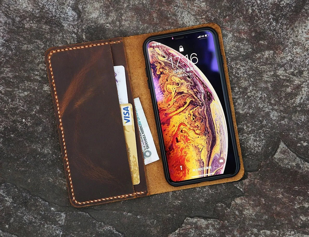 Distressed vintage brown leather iPhone 16 15 14 13 12 Pro Max wallet case