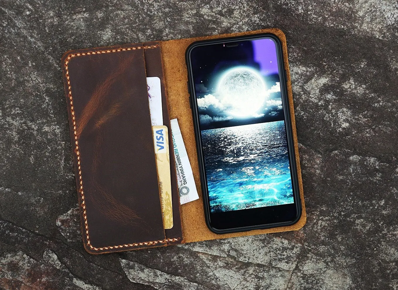 Distressed vintage brown leather iPhone 16 15 14 13 12 Pro Max wallet case