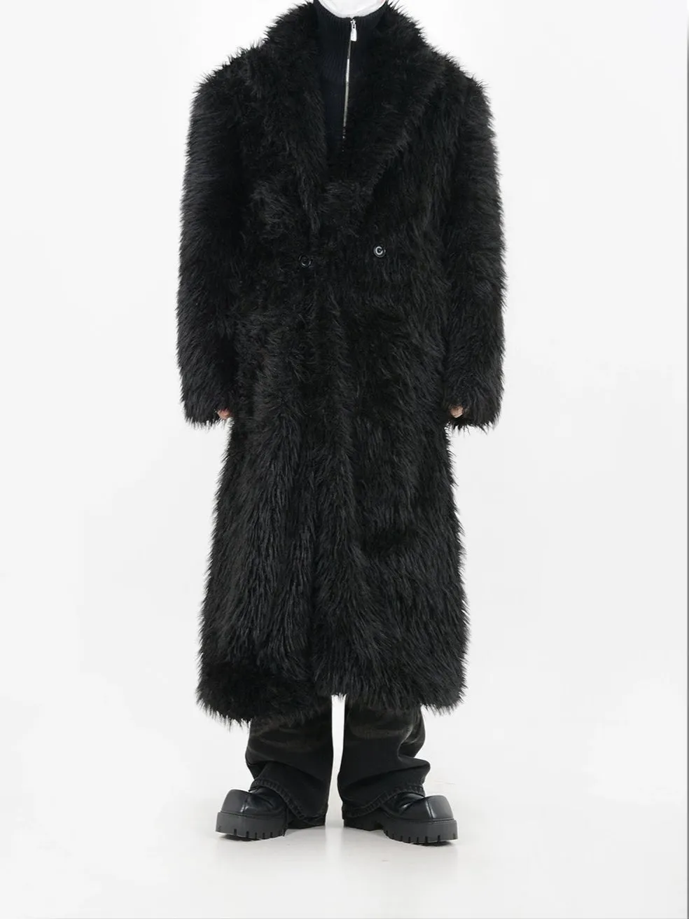 Double Breasted Faux Fur Longline Coat