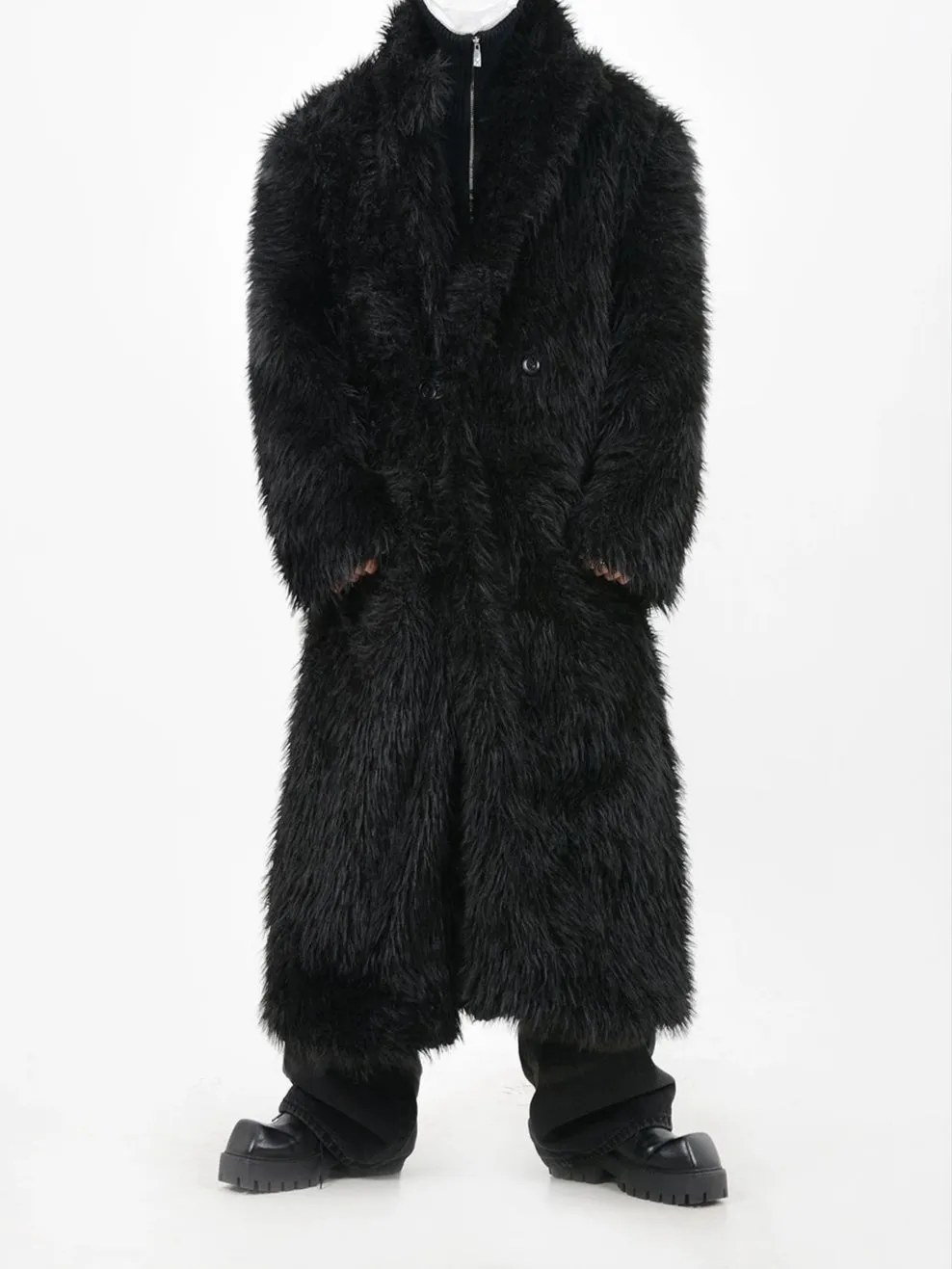 Double Breasted Faux Fur Longline Coat