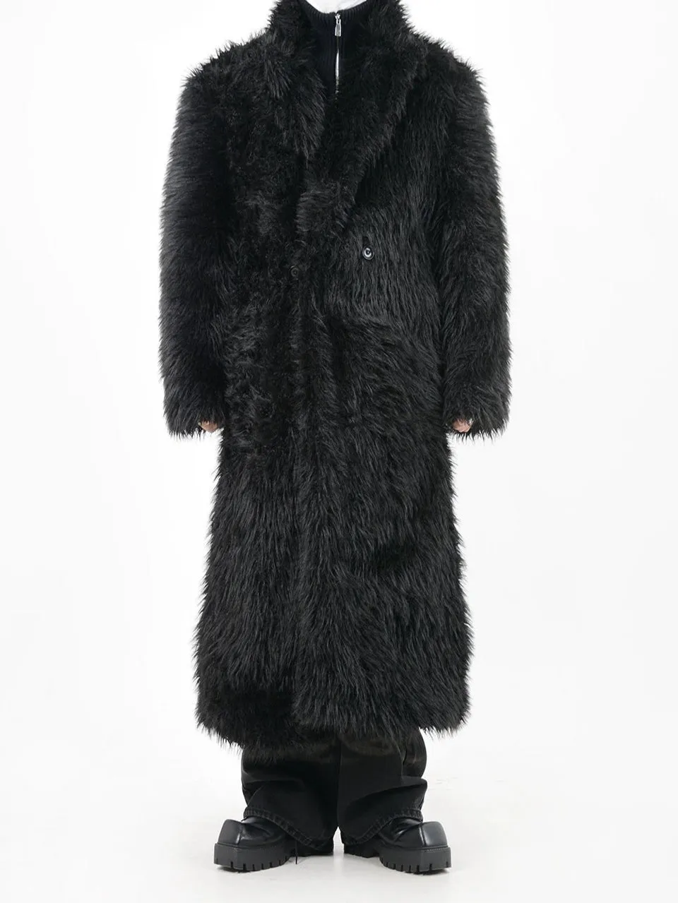 Double Breasted Faux Fur Longline Coat