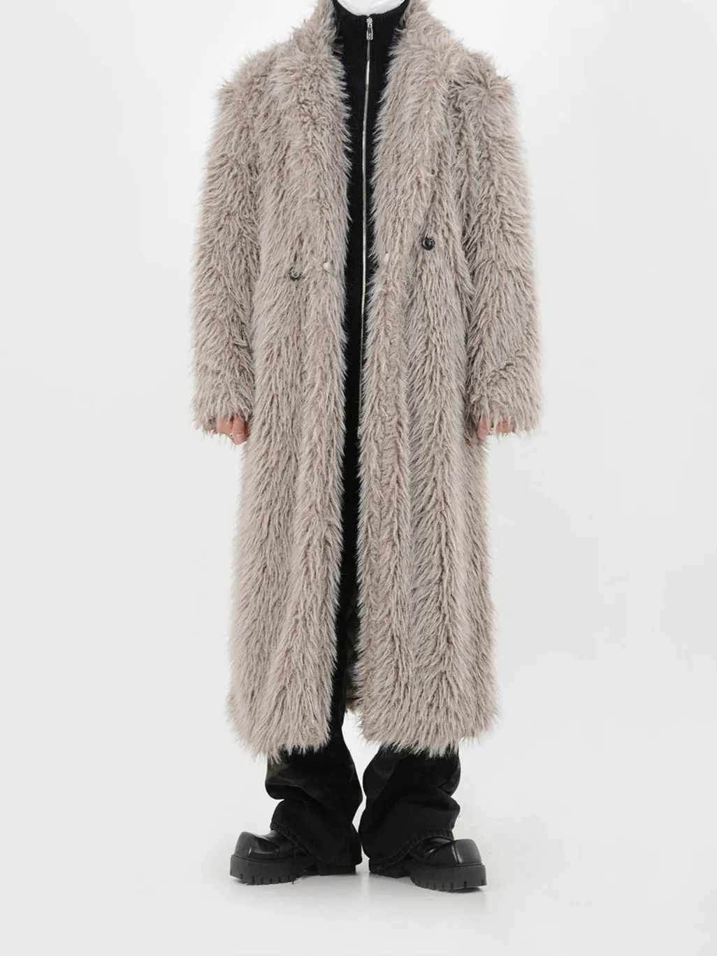 Double Breasted Faux Fur Longline Coat