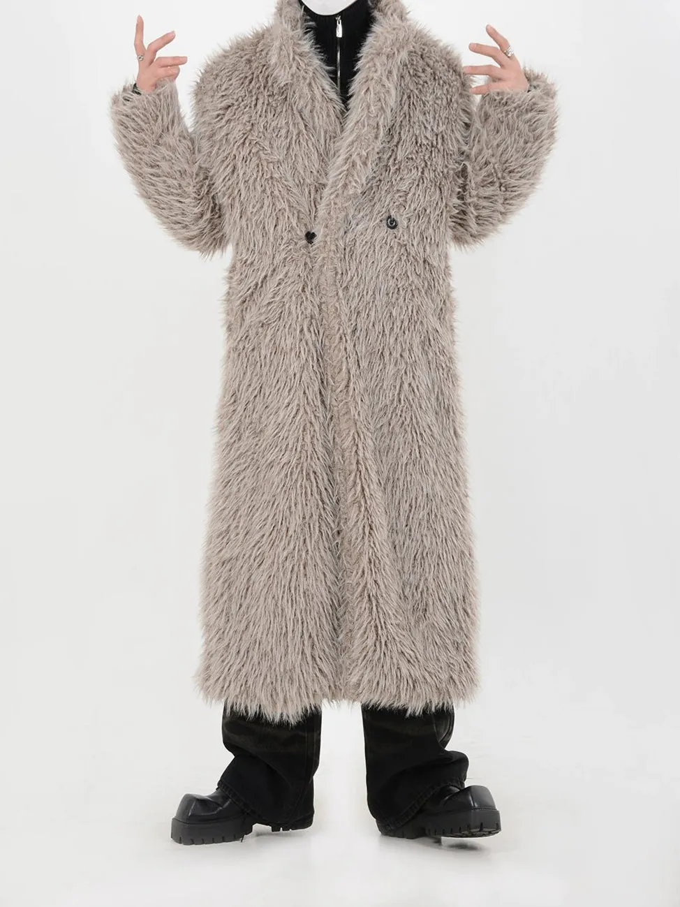 Double Breasted Faux Fur Longline Coat