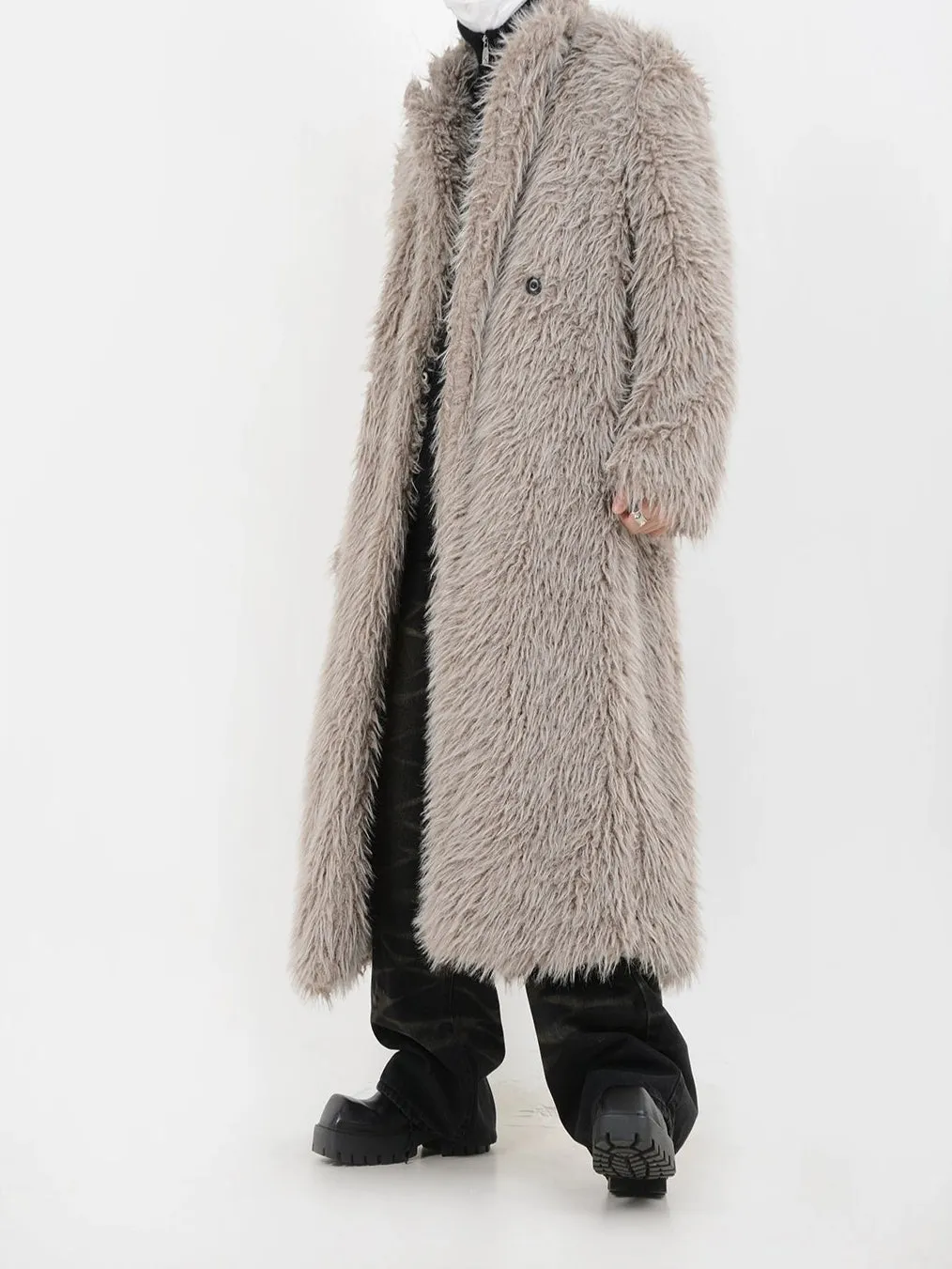 Double Breasted Faux Fur Longline Coat