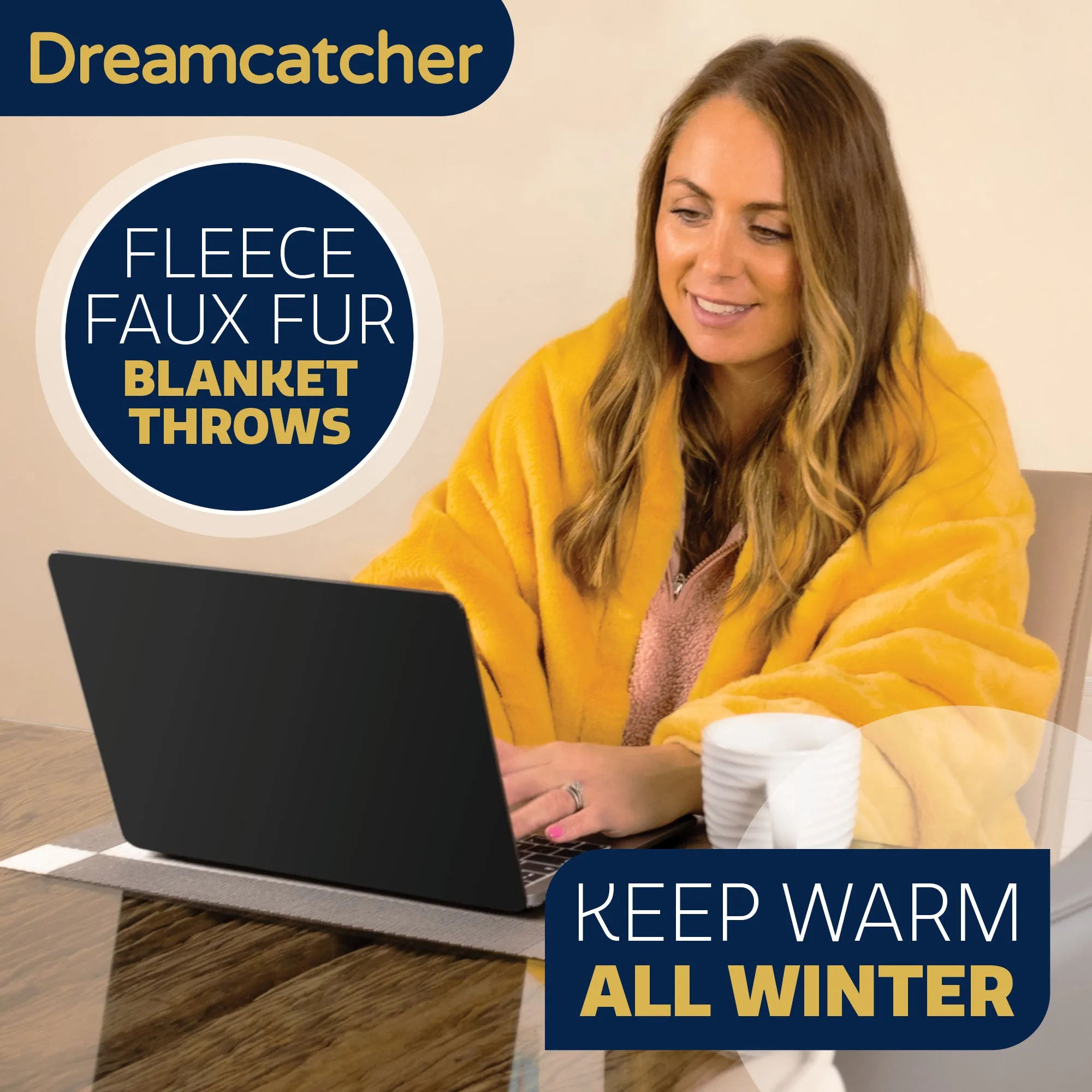 Dreamcatcher Faux Fur Throw Blanket 160 x 130 cm Soft Fleece Blanket - Gold