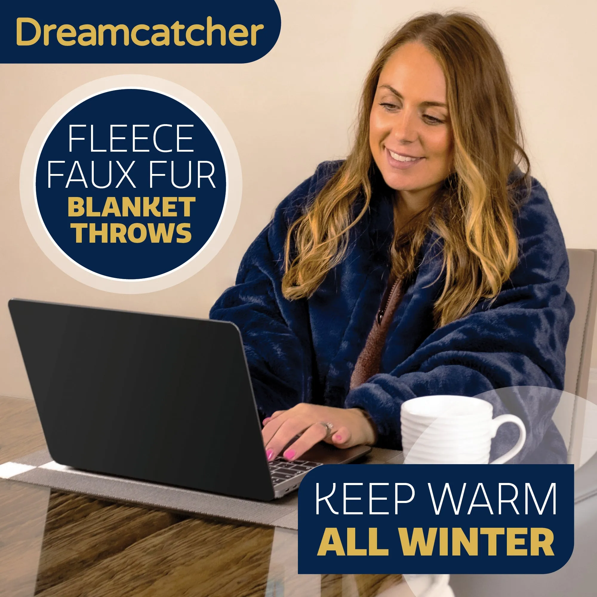 Dreamcatcher Faux Fur Throw Blanket 160 x 130 cm Soft Fleece Blanket - Navy Blue