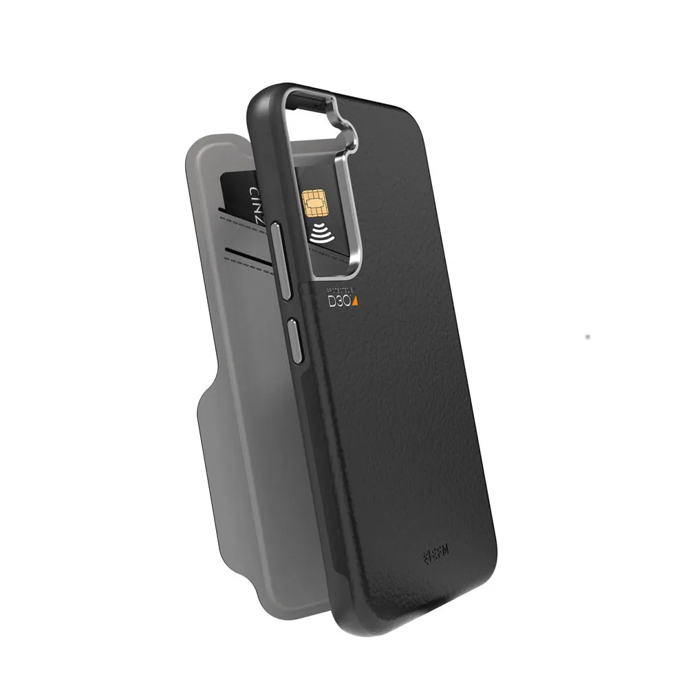 EFM Monaco Leather Wallet Case Armour with D3O 5G Signal Plus - For Samsung Galaxy S22  (6.6) - Black/Space Grey