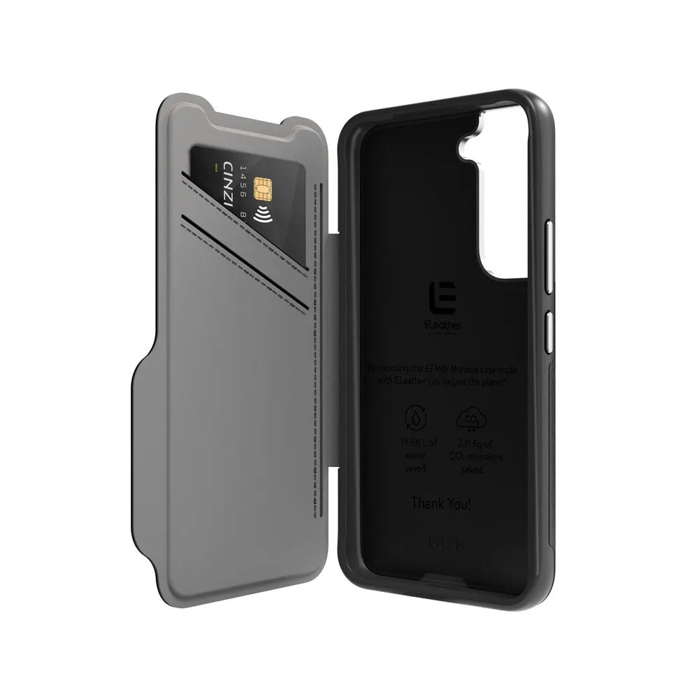 EFM Monaco Leather Wallet Case Armour with D3O 5G Signal Plus - For Samsung Galaxy S22  (6.6) - Black/Space Grey