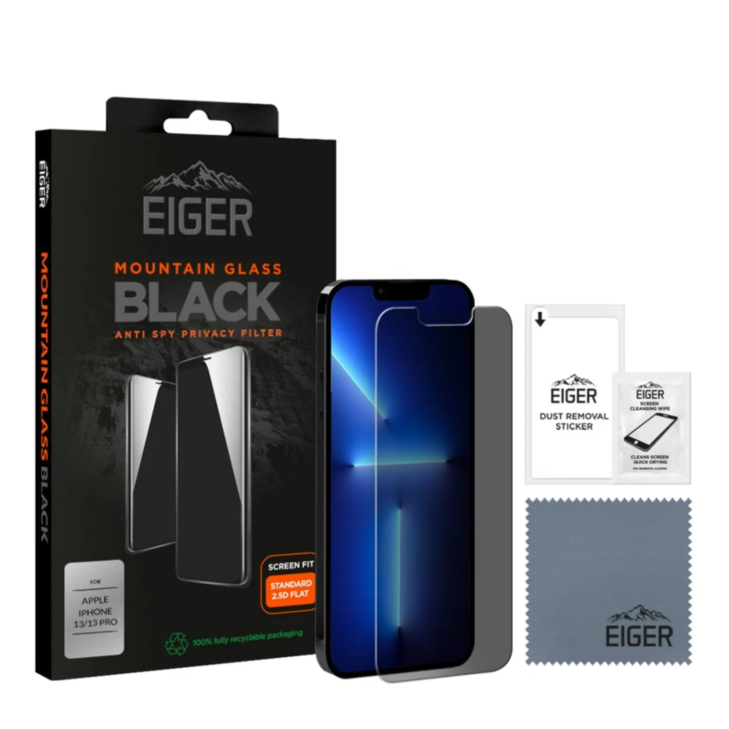 Eiger - iPhone 14 / iPhone 13 / 13 Pro Mountain Black Privacy 2.5D Armored Glass Screen Protector Case Friendly (EGMSP00198)