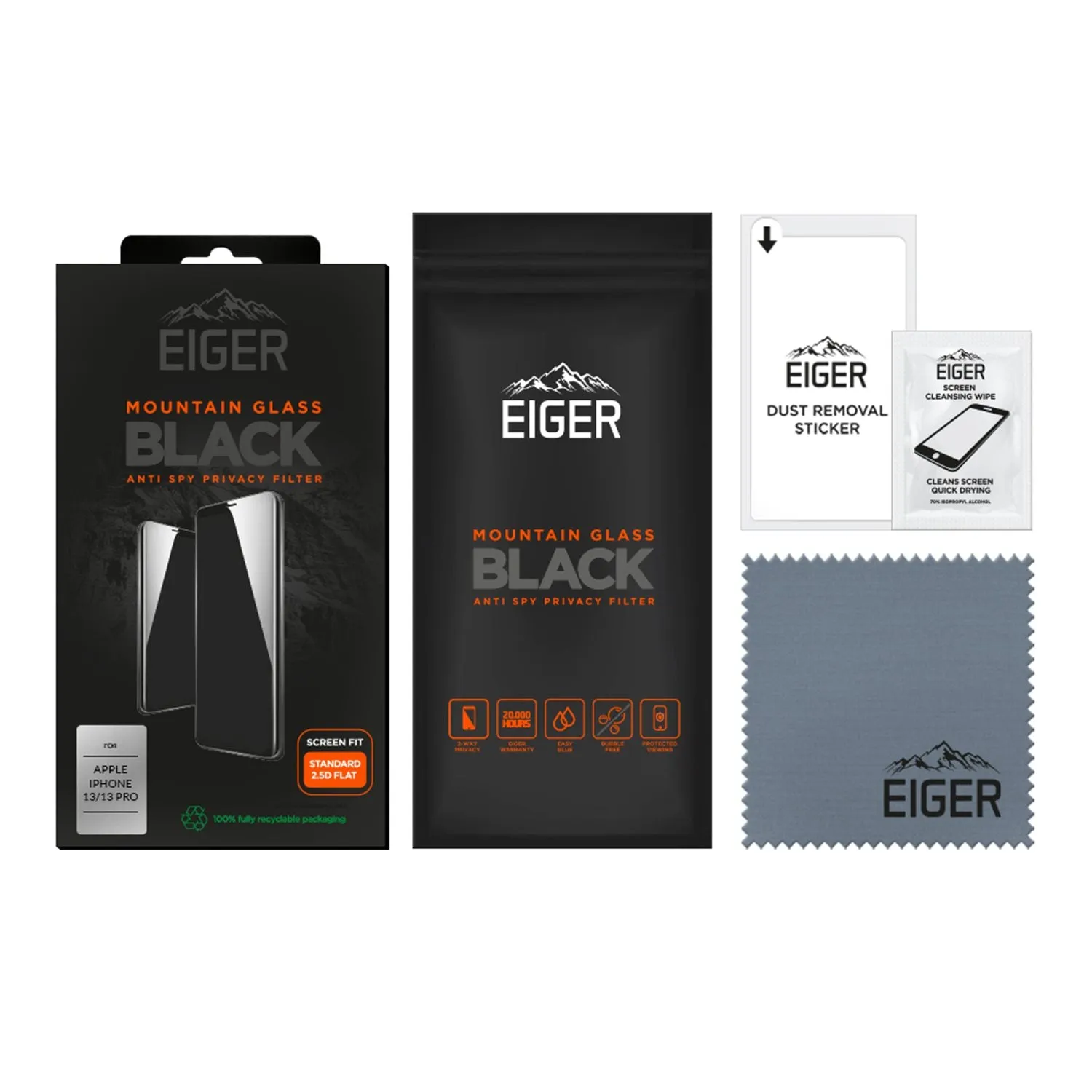 Eiger - iPhone 14 / iPhone 13 / 13 Pro Mountain Black Privacy 2.5D Armored Glass Screen Protector Case Friendly (EGMSP00198)