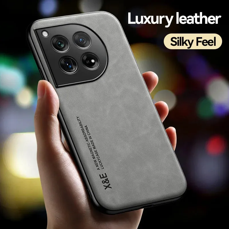 Elegant Leather Phone Case for OnePlus 12 12R Protective Shockproof Cover with Built-in Magnetic Car Holder